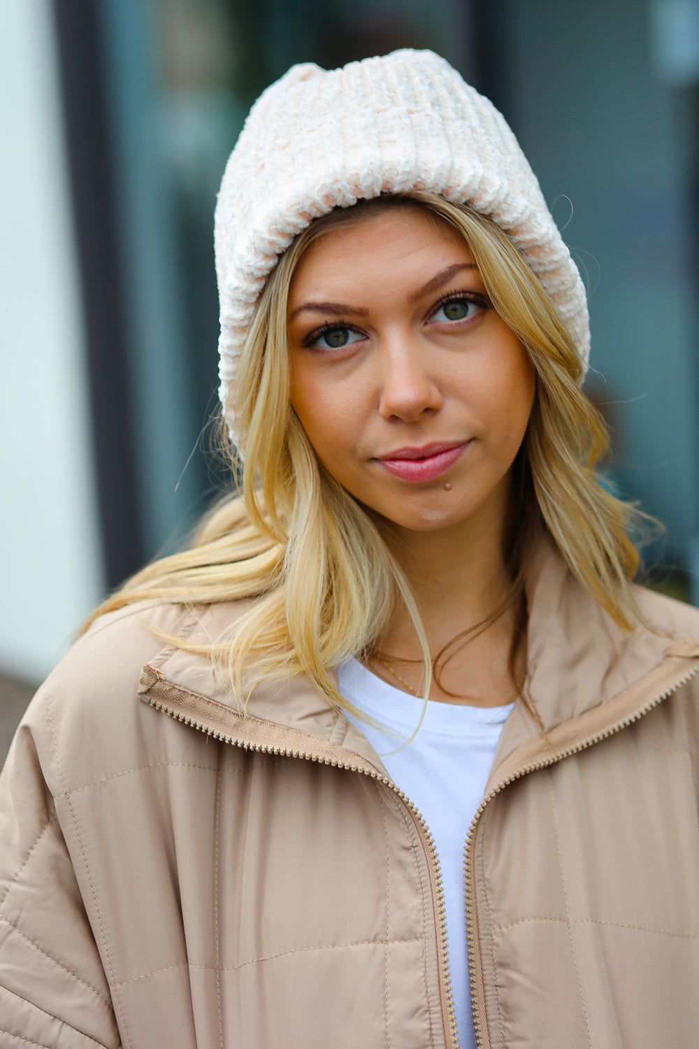 Soft Cream Knit Velvet Chenille Fold Over Beanie for Women - Winter Warm Slouchy Hat for Outdoor Activities, Skiing & Casual Wear