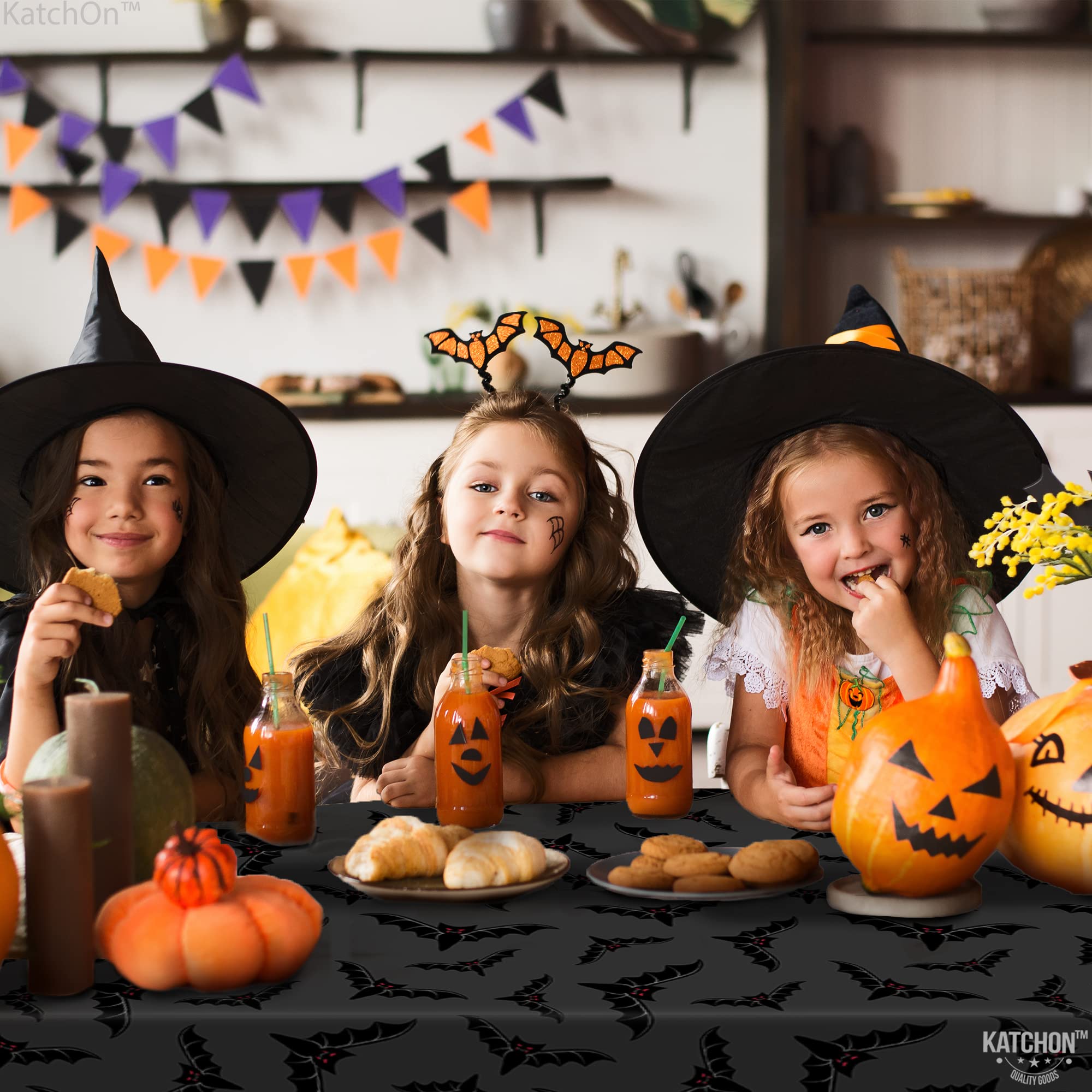 KatchOn Black Halloween Tablecloth Plastic - 54x90 Inch, Pack of 3 | Bats Design Halloween Table Cover, Disposable Spooky Table Decor for Halloween Party, Dinner, Haunted House & Outdoor Decorations
