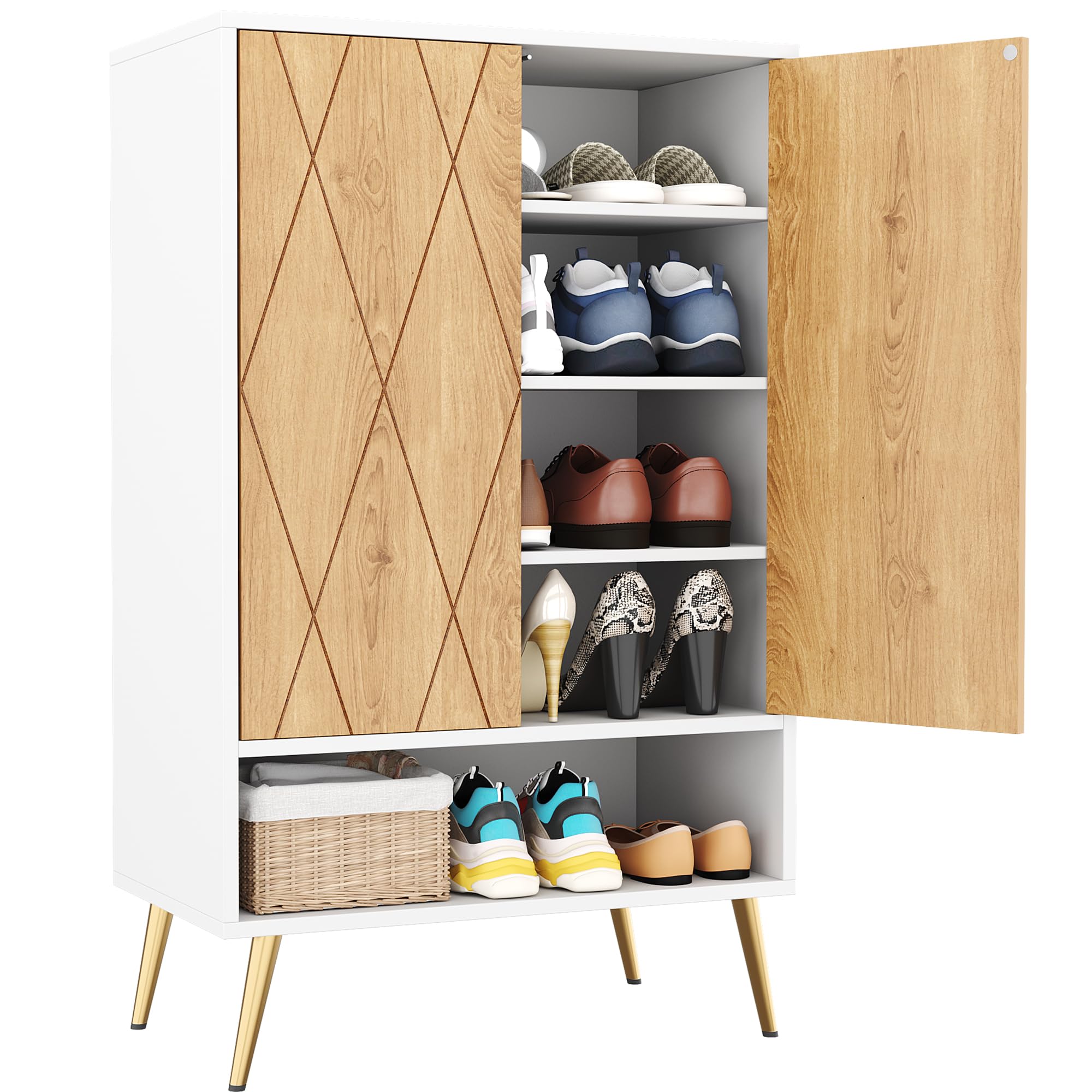 HOMEFORT 18-Pair Shoe Storage Cabinet - 6-Tier Modern Shoe Rack Organizer with Double Doors & Adjustable Shelves for Entryway, Closet or Bedroom - White Oak Shoe Cabinet for Narrow Spaces