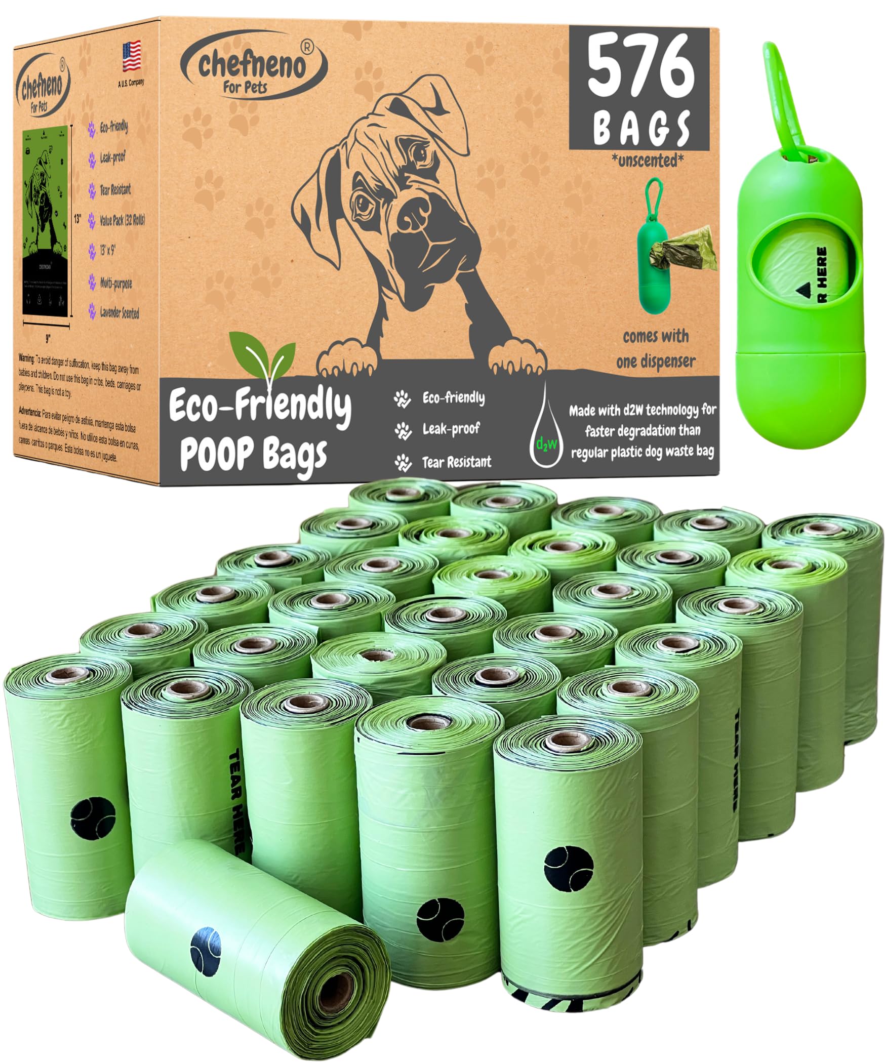 Eco-Friendly Biodegradable Dog Poop Bags with Dispenser - 576 Bags (32 Refill Rolls) | Unscented Pet Waste Bags for Dogs & Cats | Perfect for Park Walks, Backyard Cleanup & Travel
