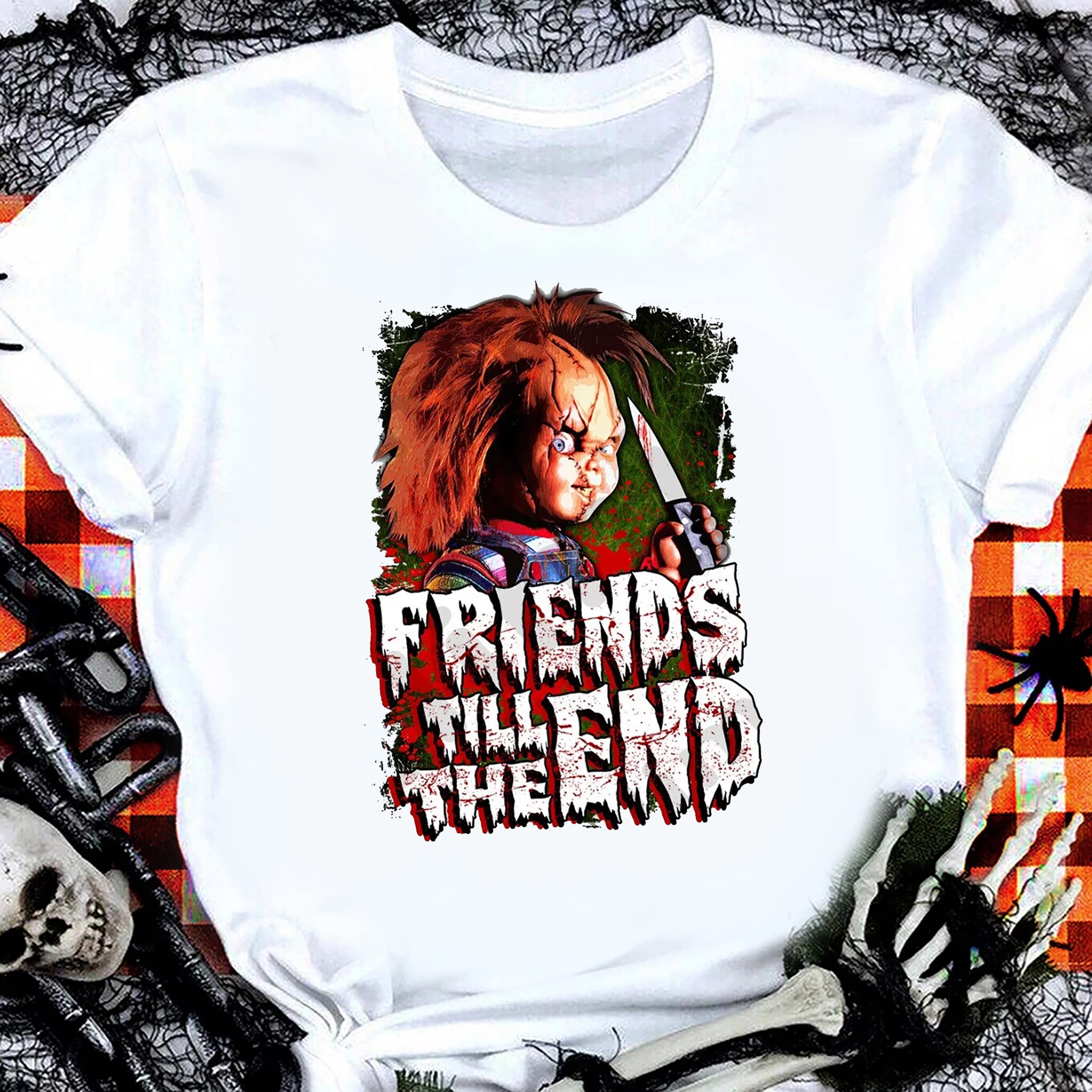 Horror Friends Till The End T-Shirt | Vintage 80s Horror Movie Tee | Halloween Cartoon Graphic Shirt | Killer Friends Theme Apparel for Horror Fans & Halloween Costumes