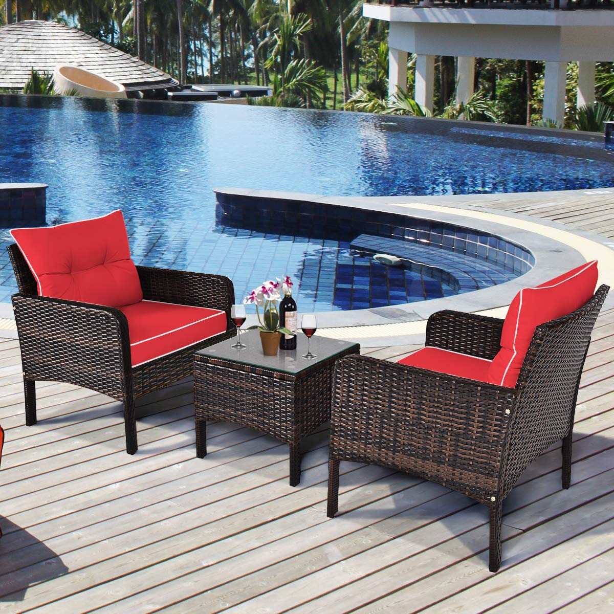 Tangkula 3-Piece Outdoor Patio Furniture Set - All-Weather Wicker Chairs with Glass Coffee Table & Thick Cushions - Red 2-Seater Garden, Poolside, Backyard, Porch Furniture for Relaxing & Entertaining