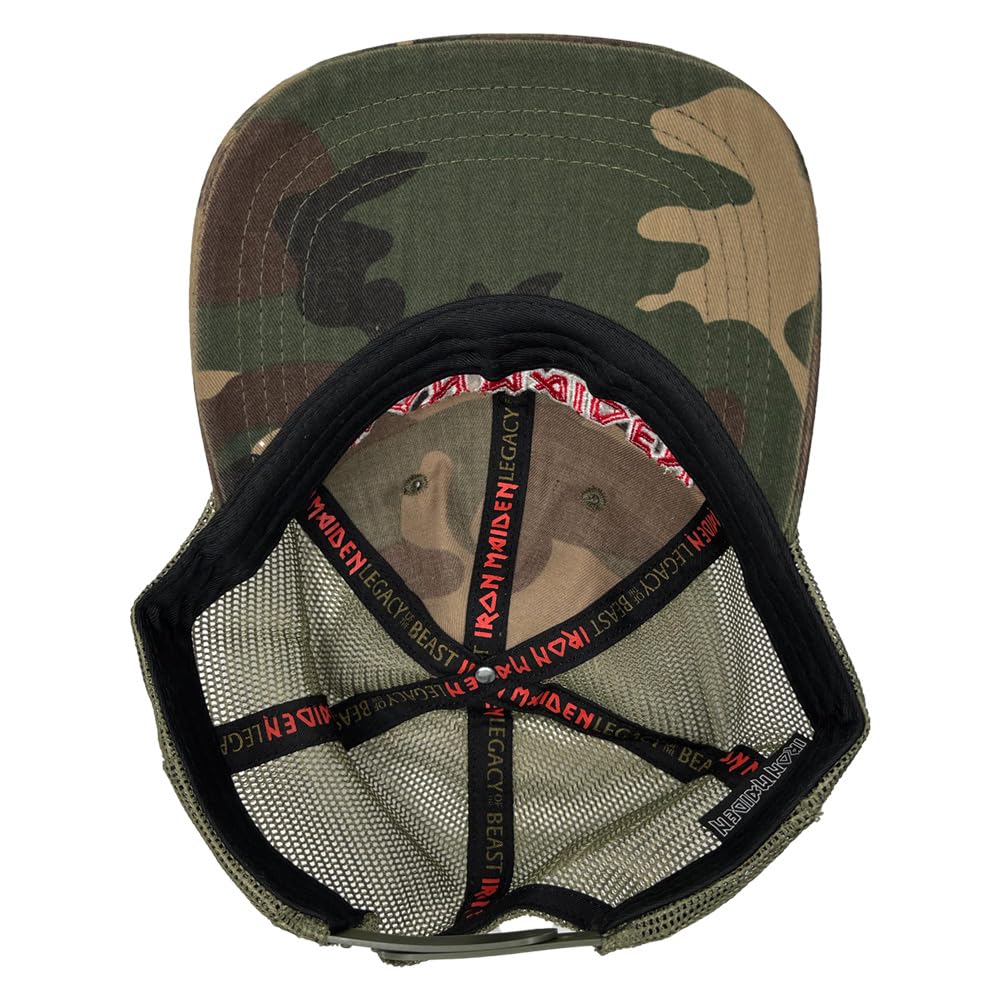 Iron Maiden Logo Camo Trucker Hat - Official Band Merchandise | Adjustable Snapback for Men & Women | Perfect for Concerts, Festivals & Outdoor Activities