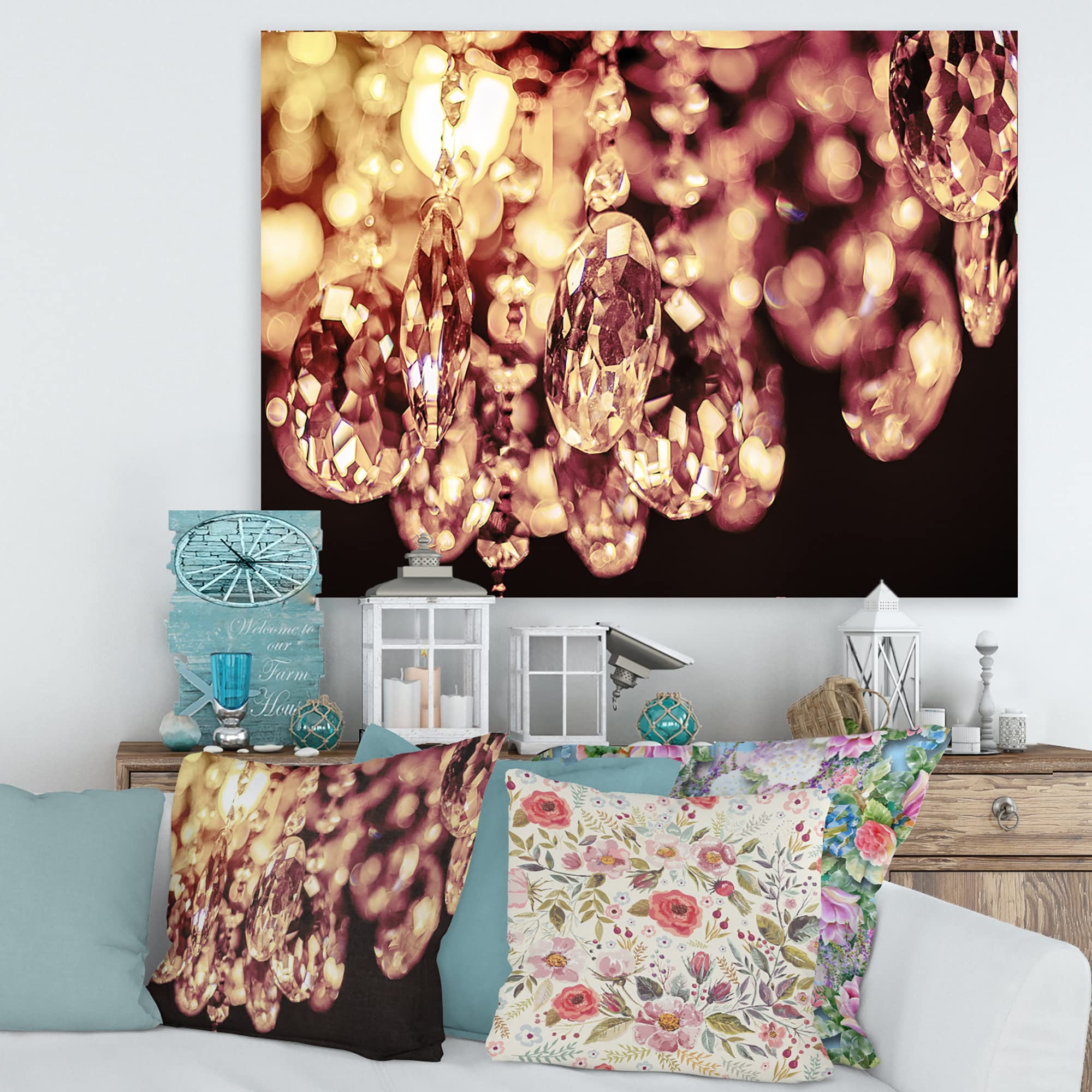 DesignQ Crystal Chandelier - Modern Bright Hanging Light with Canvas Wall Art for Living Room, Bedroom & Dining Room Decor