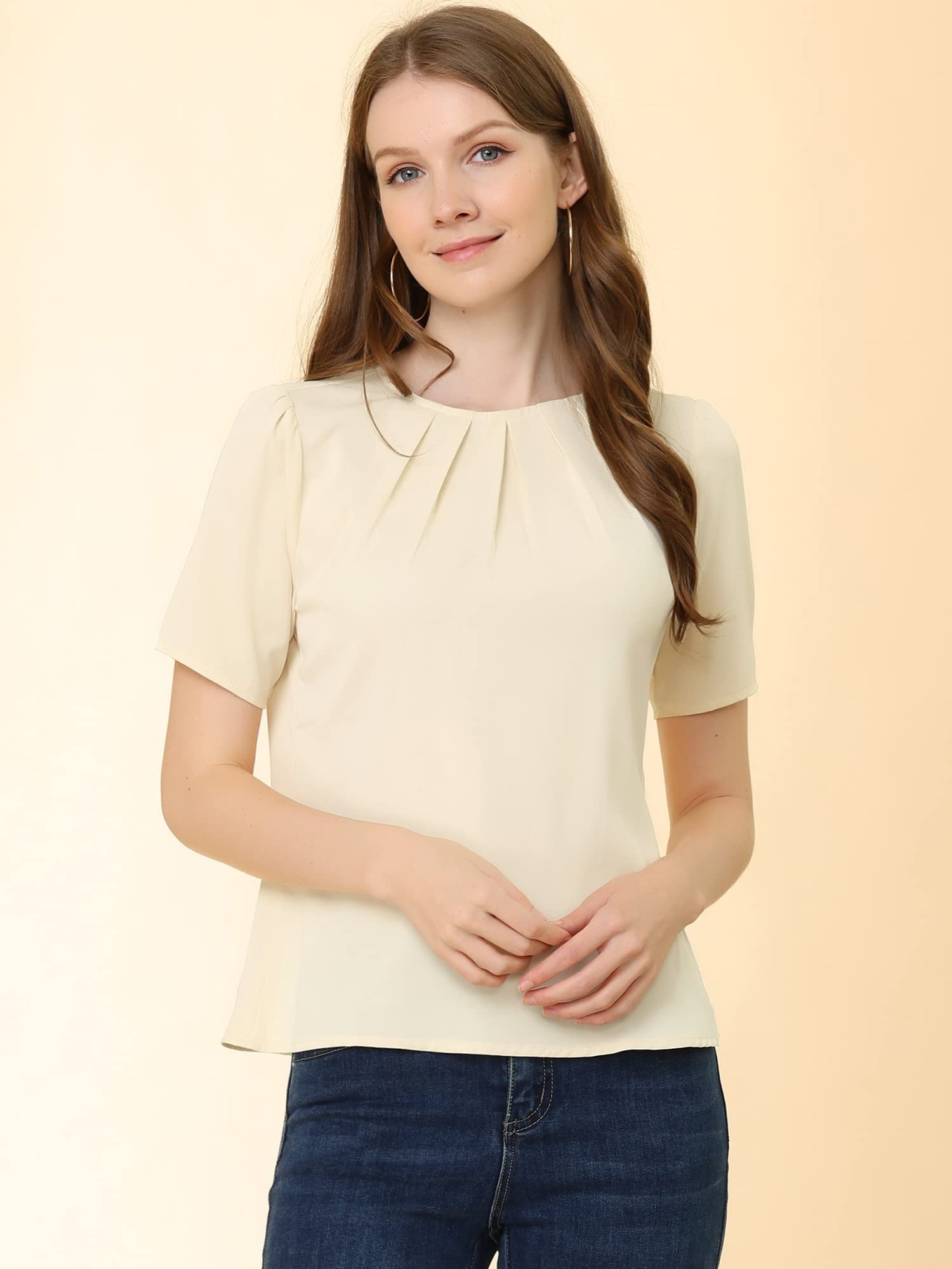 Allegra K Women's Short Sleeve Pleated Scoop Neck Blouse - Office Work & Casual Tops for Women - Perfect for Business Attire, Date Night & Everyday Wear