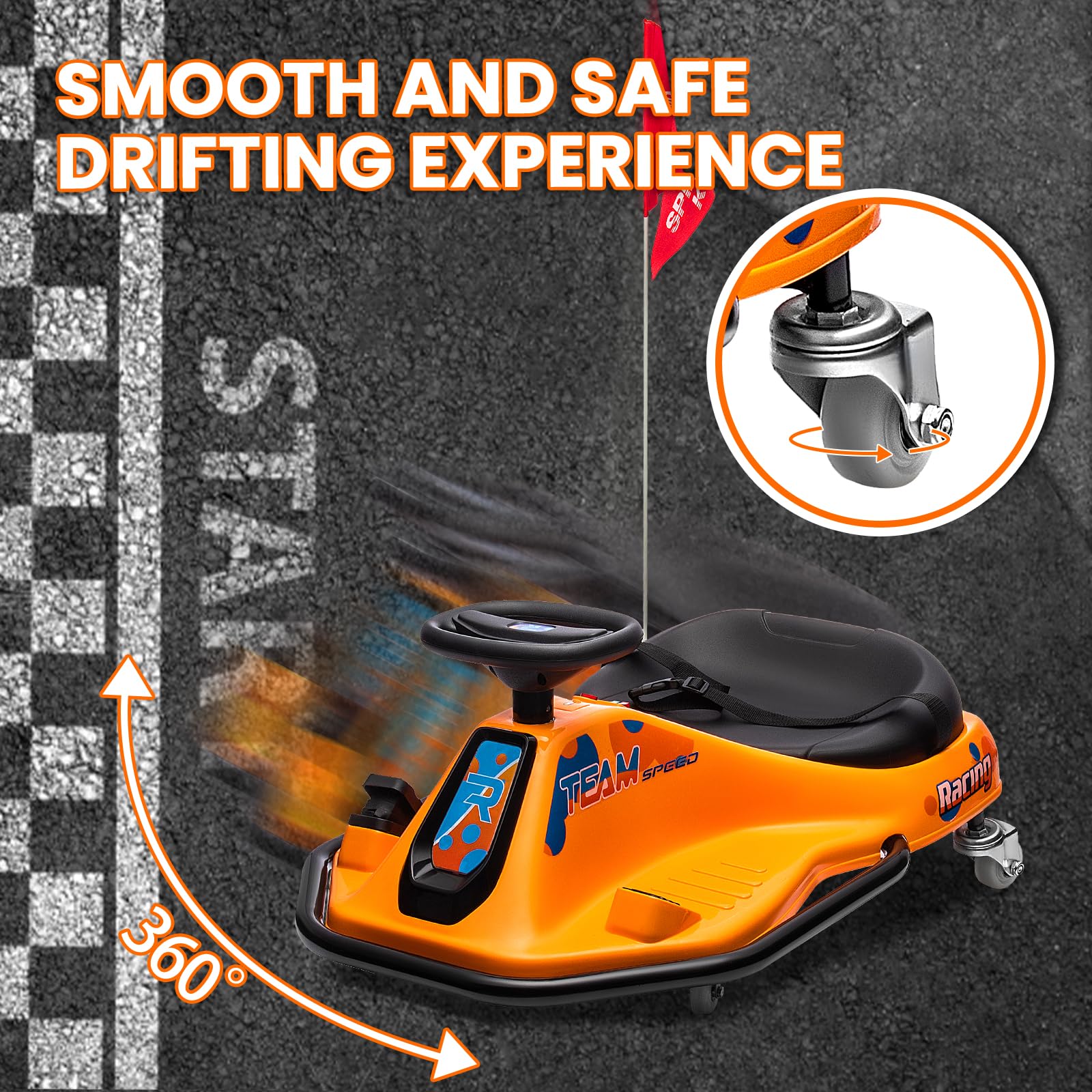 24V Kids Electric Drift Go-Kart with 7Ah Battery - 360° Rotating Drift System, Adjustable Speed & LED Lights - Perfect for Outdoor Play, Birthday Gifts & Backyard Racing (Orange)