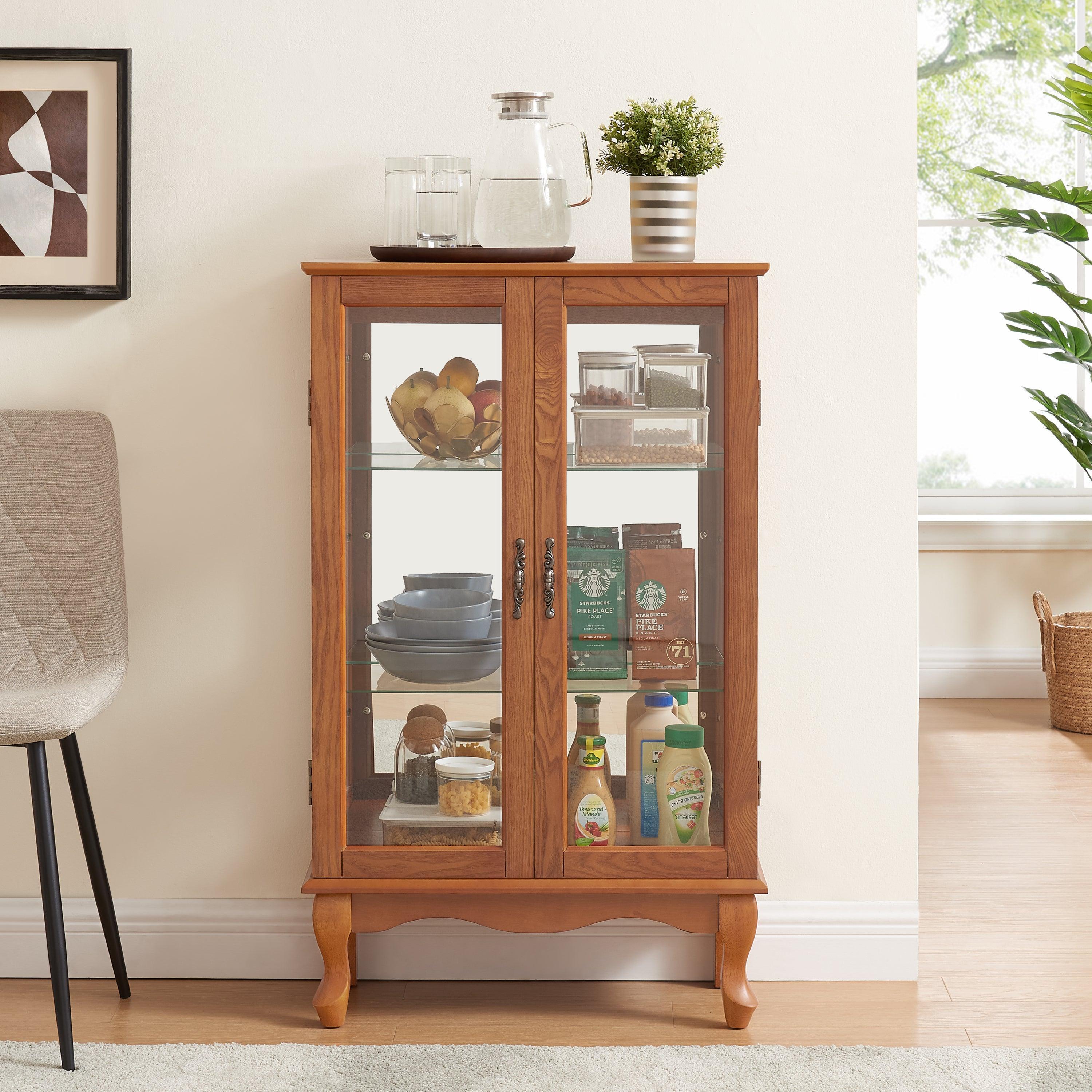 2 Door Curio Cabinet with Tempered Glass & Mirrored Back - LED Lighted Display Case for Living Room, Dining Room, Office - Showcase Collectibles, China, or Decor Items
