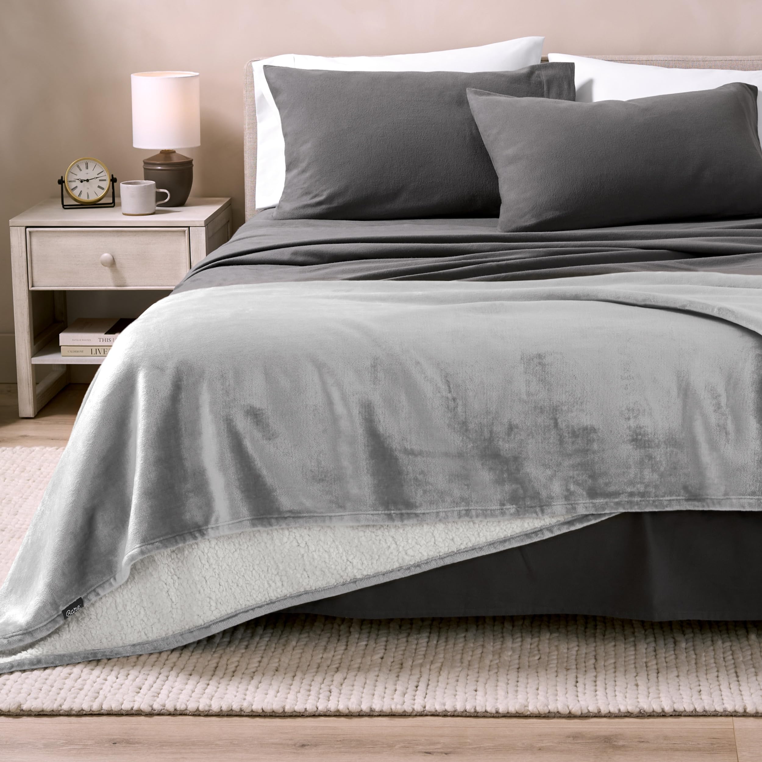 Bare Home Sherpa Fleece Blanket - Ultra Soft Reversible Plush Throw Blanket for Bed, Sofa, Couch - Lightweight & Warm Travel Blanket for Camping, Airplane, Car - Perfect Gift for Christmas, Birthday - Light Grey - Cozy for Movie Nights, Reading & Relaxation