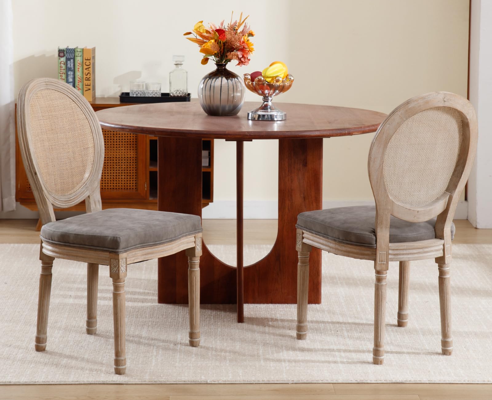 Farmhouse Rattan Dining Chairs Set of 2 - French Country Style Leather Upholstered Round Back Side Chairs for Kitchen, Restaurant, Dining Room & Living Room - Grey (2 Pieces) | Perfect for Rustic Home Decor, Indoor Dining & Cozy Gatherings