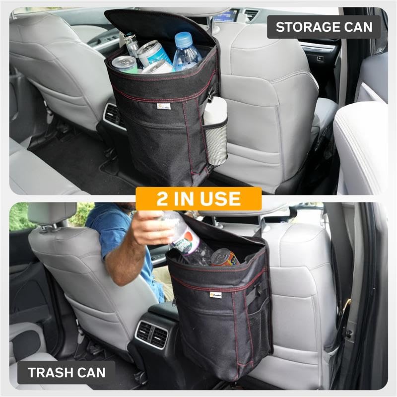EcoNour Waterproof Hanging Car Trash Can with Lid & Storage Pockets - Removable Inner Bag for Easy Cleaning - Perfect for SUVs, Trucks, Vans & Road Trips | Keep Your Vehicle Clean & Organized | Black