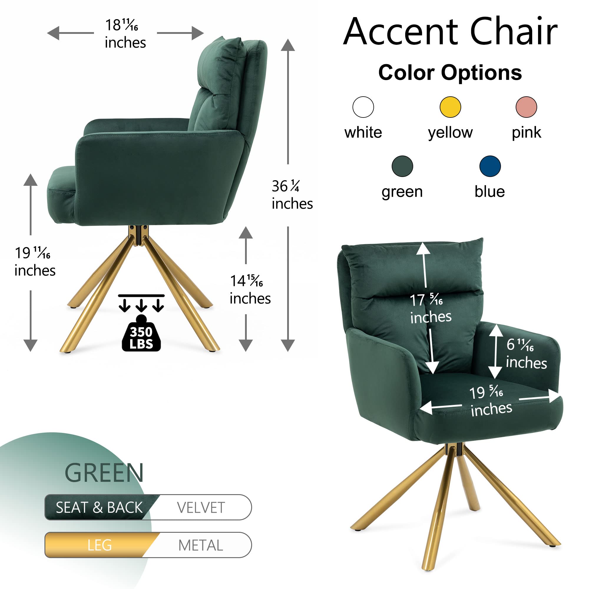180° Swivel Velvet Armchair with Gold Legs - Modern Living Room Accent Chair for Apartment, Reading Nook & Lounge - Comfortable Green Upholstered Recliner for Relaxing, Reading & Entertaining