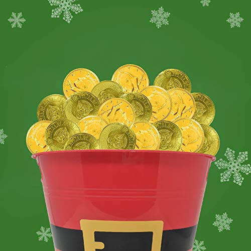 Christmas Santa Red Plastic Bucket with 3lbs Bulk Chocolate Gold Coins - Holiday Candy Gift Set for Family & Friends | Perfect for Stocking Stuffers, Party Favors & Festive Gift Exchanges