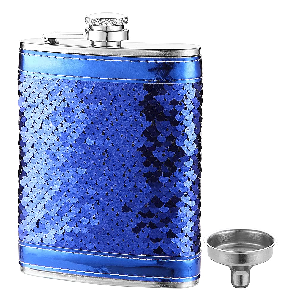 Premium 18/8 Stainless Steel Whiskey Flask for Women - Leakproof & Durable Alcohol Flask with Funnel - Perfect Gift for Her - Great for Outdoor Adventures, Travel & Parties (Blue)