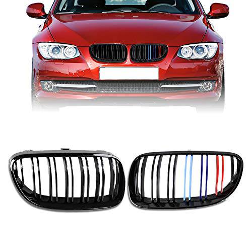 2007-2009 BMW 3 Series E92 E93 Coupe & M3 Gloss Black Double Slat Kidney Grille with M Colors - Perfect for Car Upgrades & Performance Styling