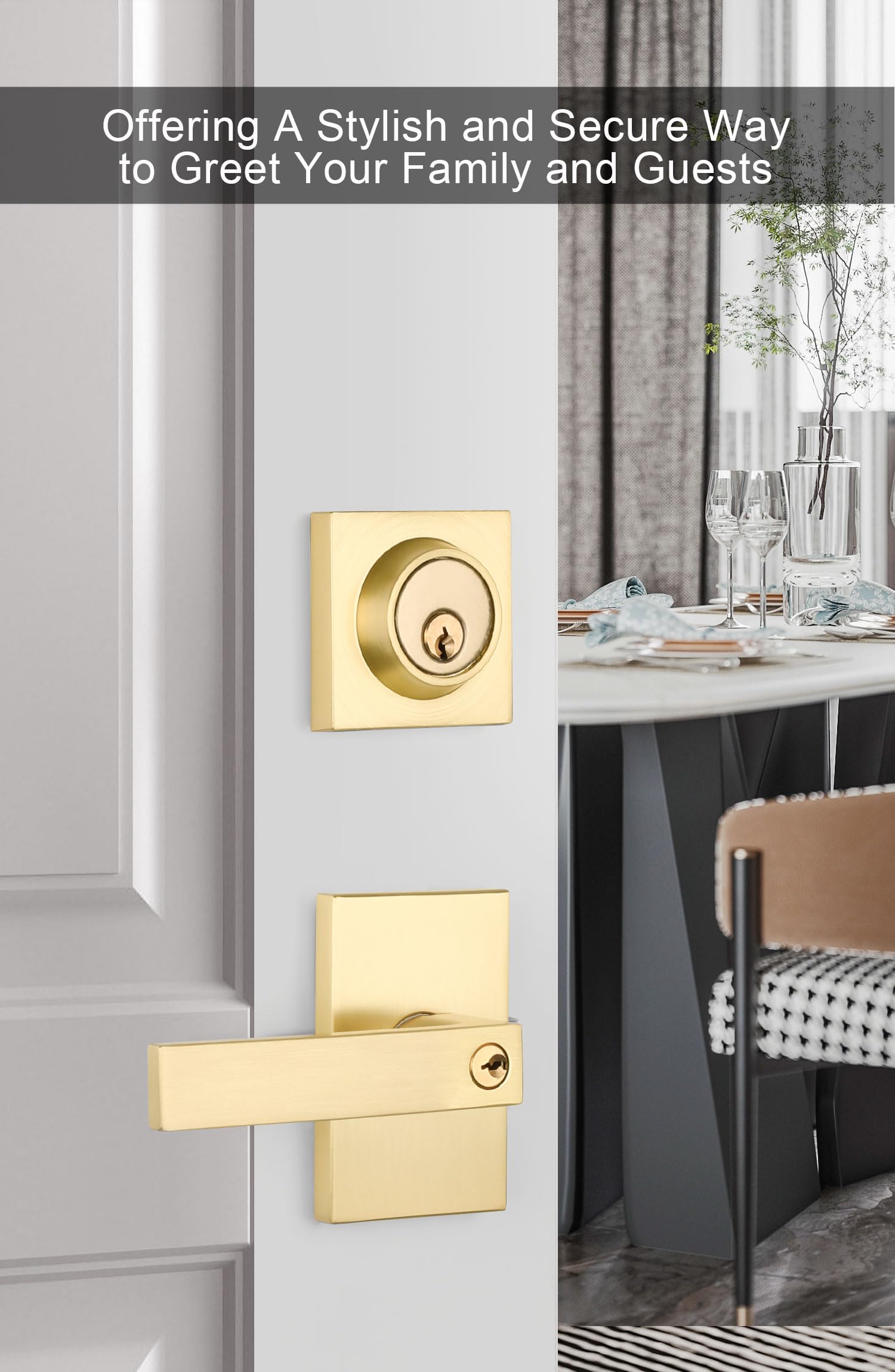 Premium Gold Door Handle with Deadbolt - Square Contemporary Brushed Gold Exterior Door Lock Set (2 Pack) - Heavy Duty Zinc-Alloy Front Entry Security - Perfect for Modern Homes, Apartments & Office Buildings