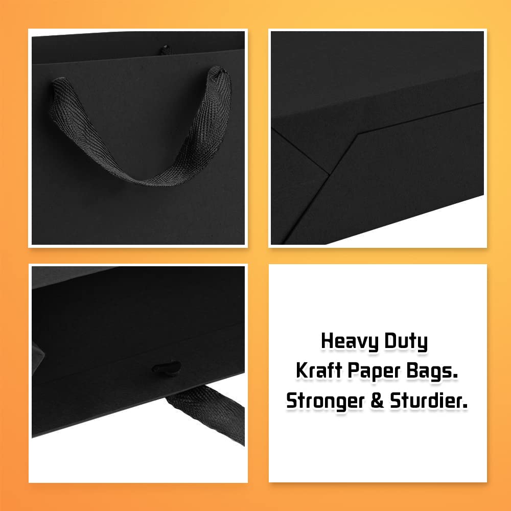 BagDream 25 Pack Black Kraft Paper Gift Bags with Handles - 12.5x4.5x11 Inches Bulk Shopping Bags for Retail, Grocery, Party Favors & Gift Wrapping | Perfect for Birthday Parties, Weddings, Christmas Gifts & Store Merchandise