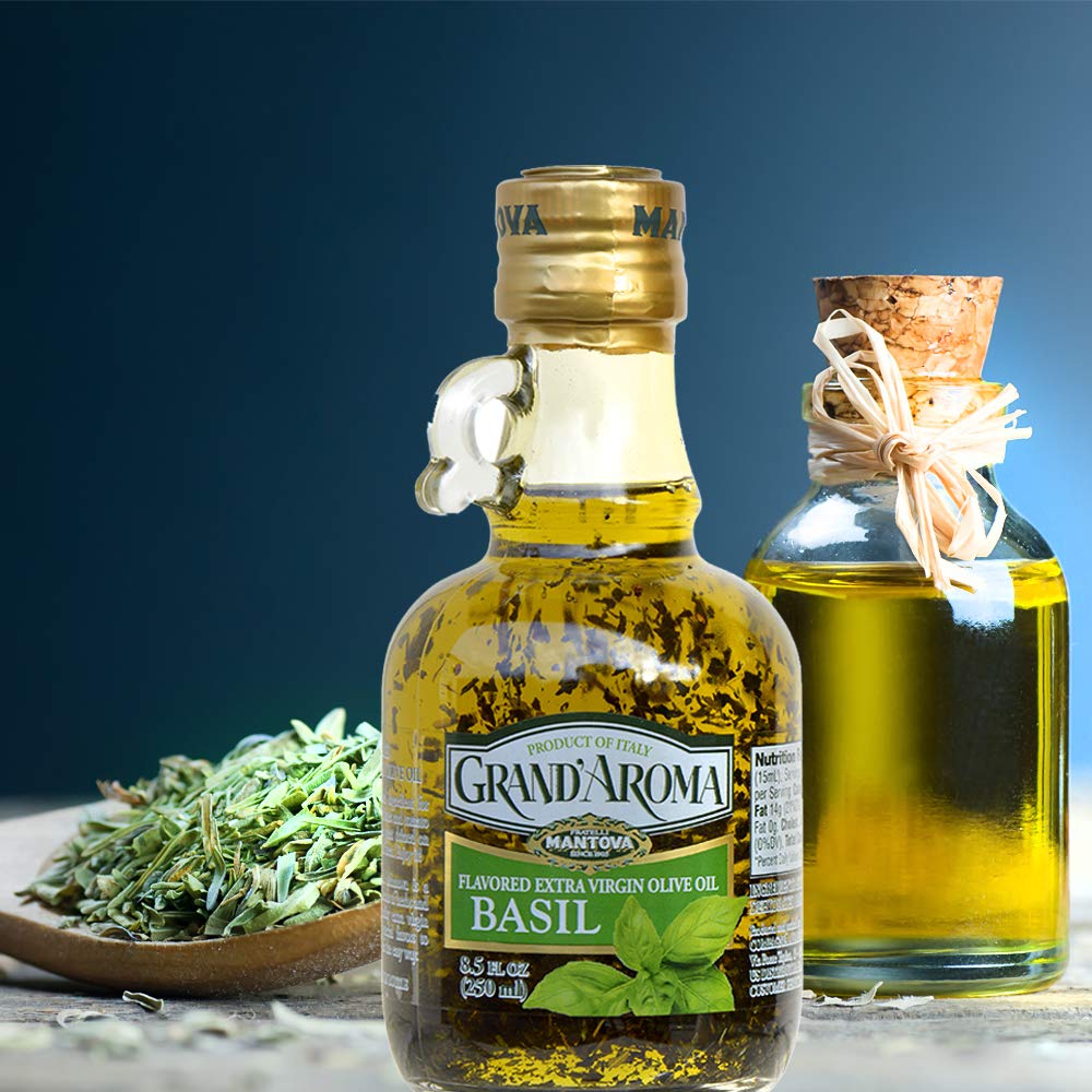 Mantova Grand'Aroma Basil Flavored Extra Virgin Olive Oil - Cold-Pressed 100% Natural Italian EVOO - Heart-Healthy Cooking Oil for Salad Dressing, Pasta, Garlic Bread & Meats - Perfect for Mediterranean Cuisine & Home Cooking - 8.5 oz (Pack of 2)