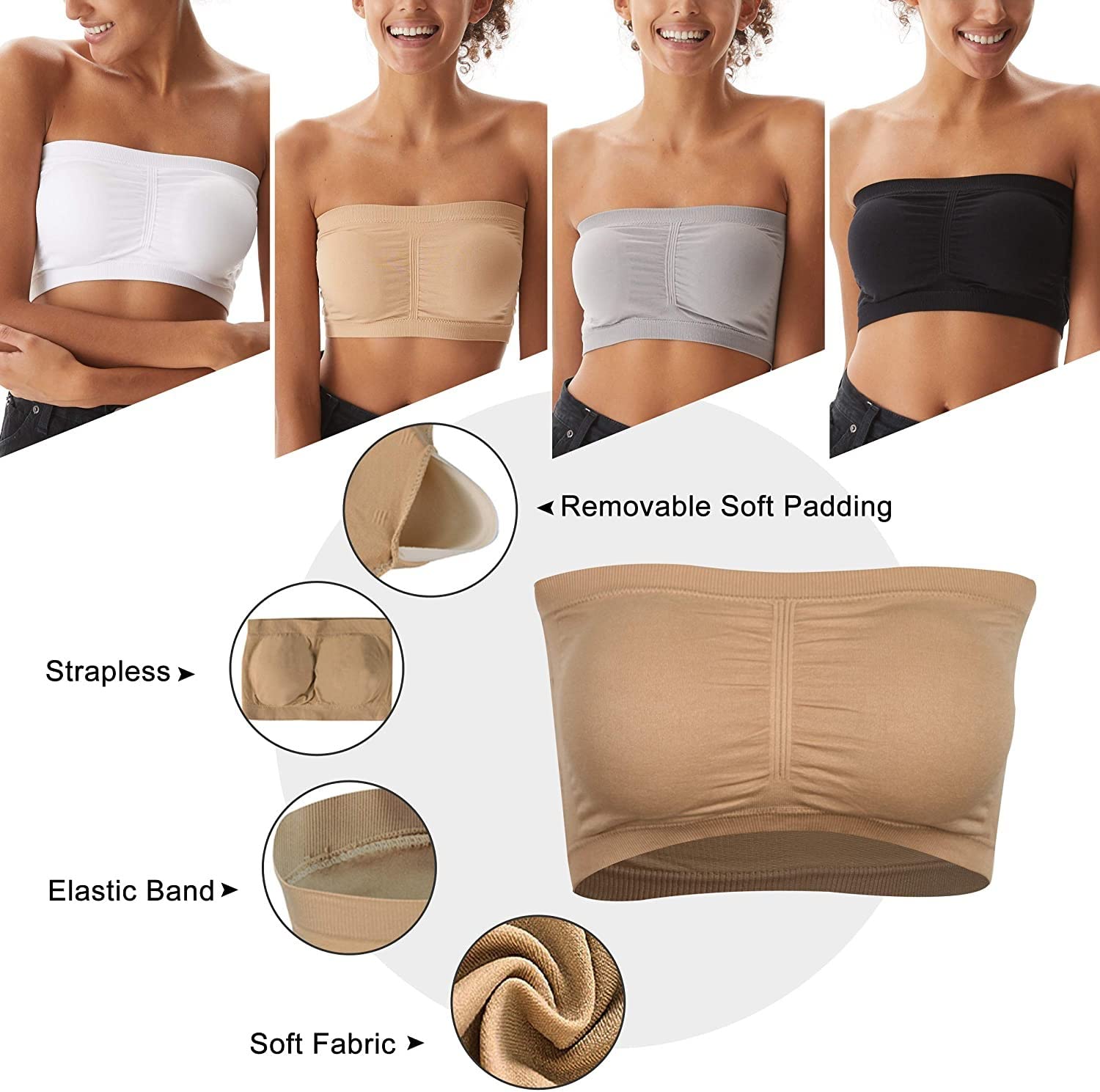 FULIER Women's Seamless Wireless Bandeau Bra - Sports, Yoga, Strapless Padded Bras for Active Lifestyles & Comfortable Support