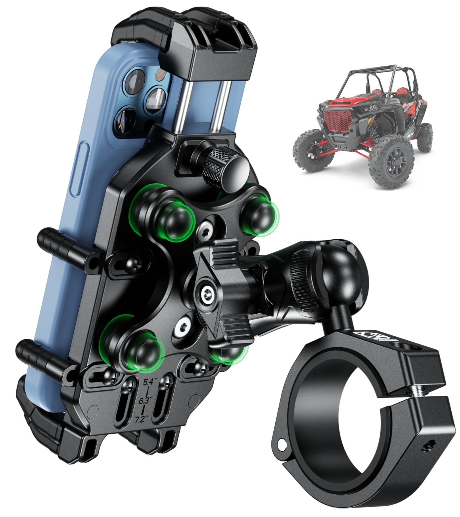 BRCOVAN Heavy Duty UTV Phone Mount with Vibration Dampener - Adjustable Anti-Theft Phone Holder for 1.5'' to 2'' Roll Cage Bars, Fits 5.4''-7.2'' Smartphones - Secure Lock for Off-Road, ATV, Motorcycle & Truck Use