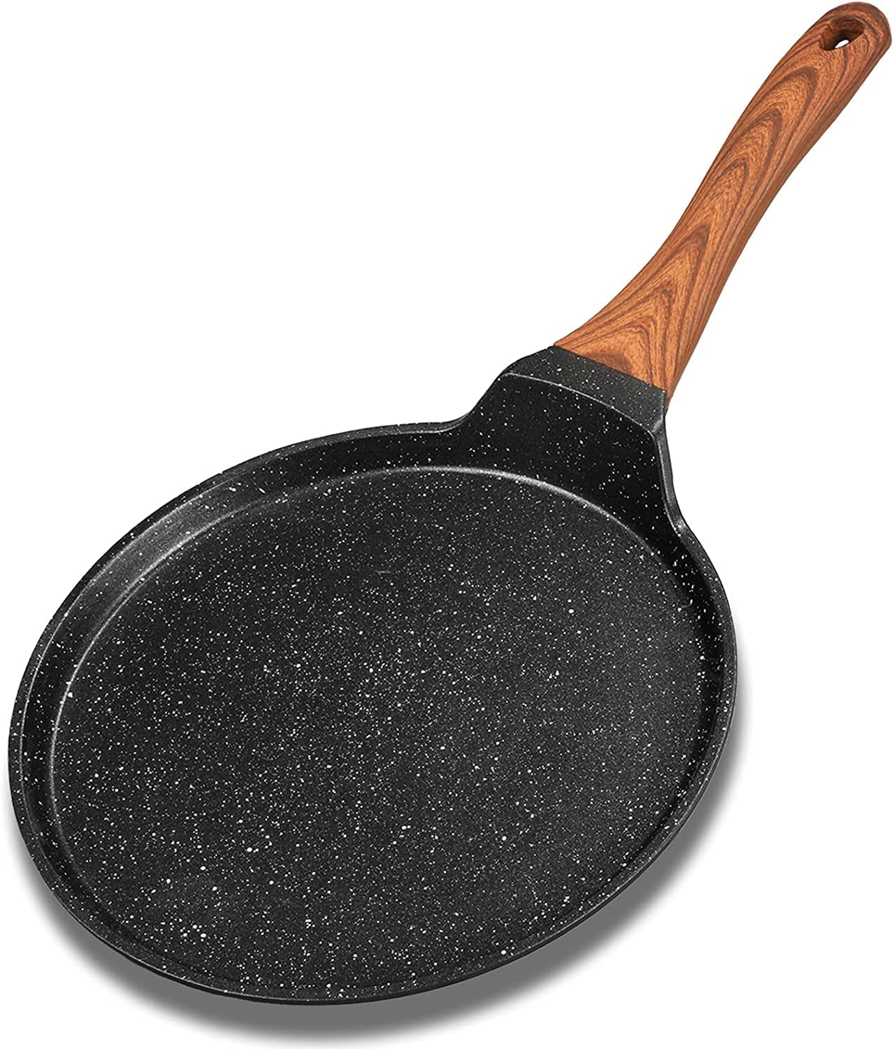 Nonstick 10 Inch Granite Coated Crepe Pan - Induction Compatible Skillet for Pancakes, Omelettes, Dosa & Tortillas with Ergonomic Wood Handle - Perfect for Breakfast, Indian Cooking & Camping