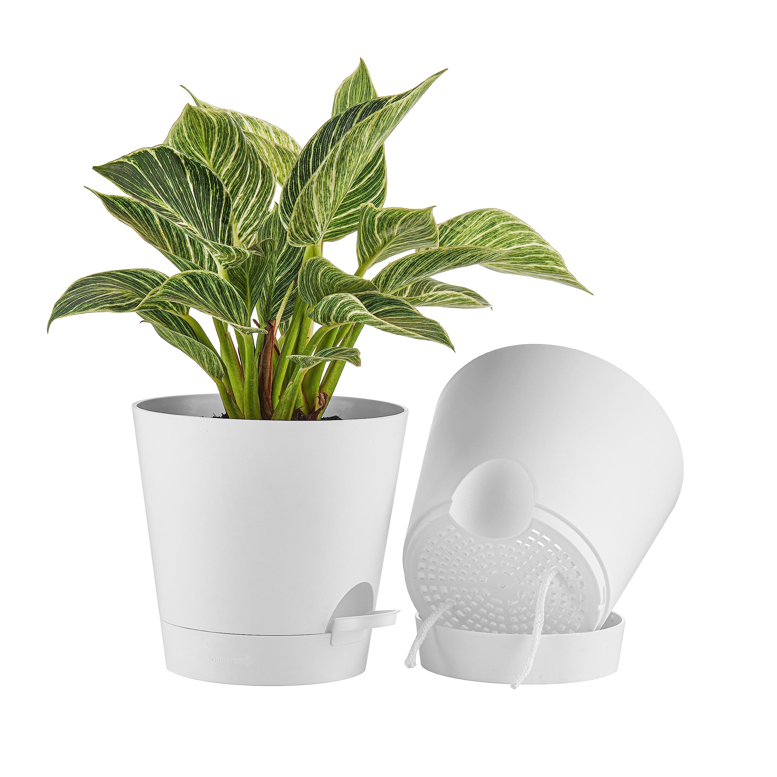 FaithLand 2-Pack 8 Inch Self Watering Planters for Indoor Outdoor Plants - White Flower Pots with Deep Water Reservoir - Perfect for Herbs, Succulents, and Home Garden Decor