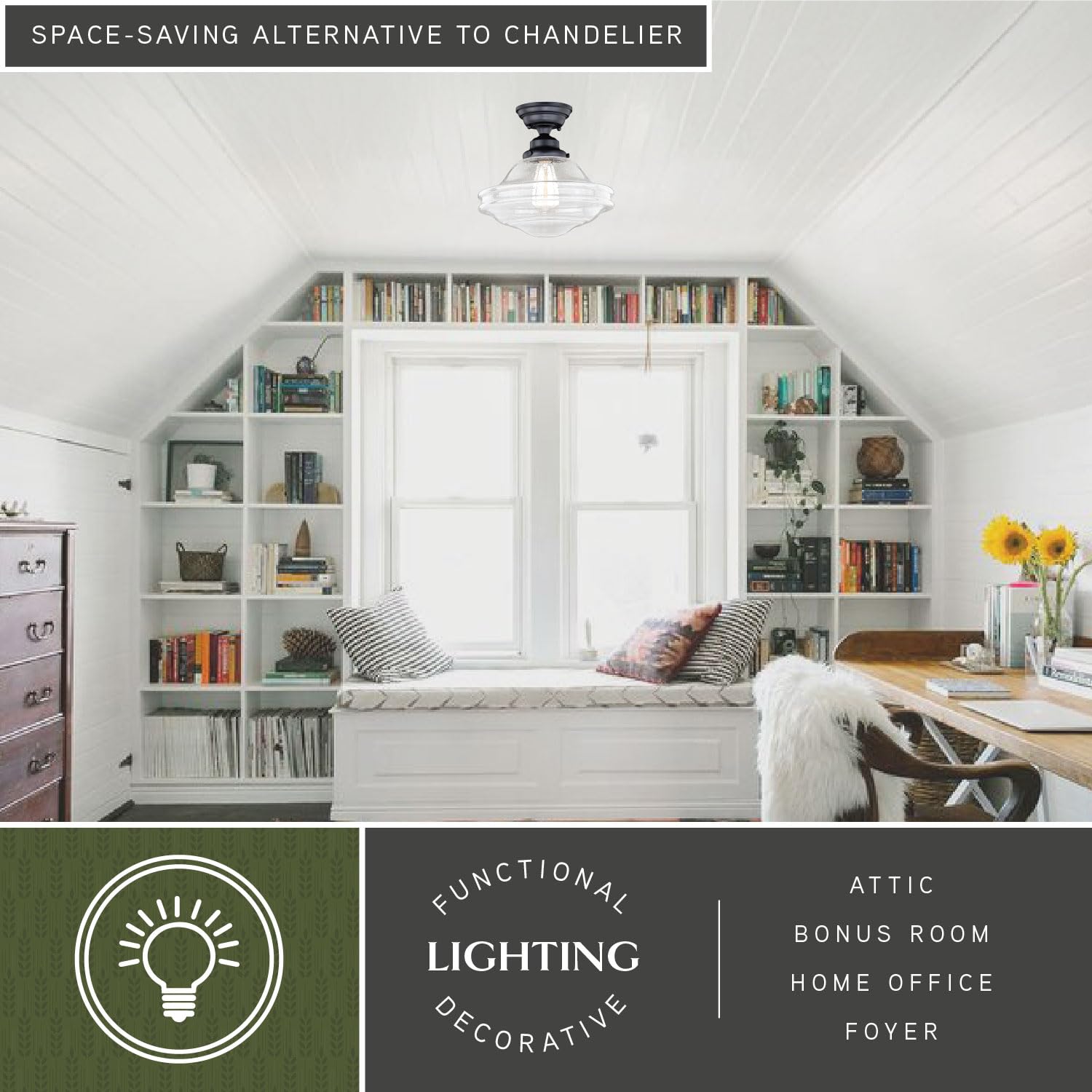 VAXCEL Huntley 12-inch Wide Bronze Farmhouse Schoolhouse Semi-Flush Mount Ceiling Light Fixture with Clear Glass Shade - Perfect for Kitchen, Dining Room, Bedroom, and Entryway Lighting