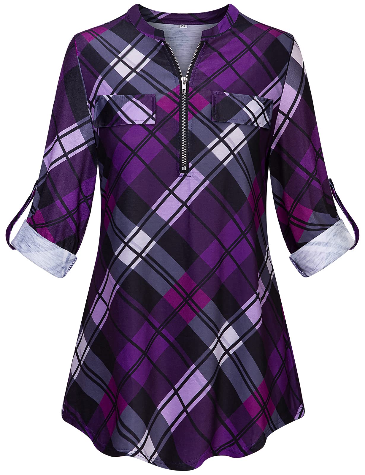Stylish Tanst Sky Women's Casual Long Sleeve Zipped V-Neck Plaid Tunic Blouse | Perfect for Work, Office & Everyday Wear