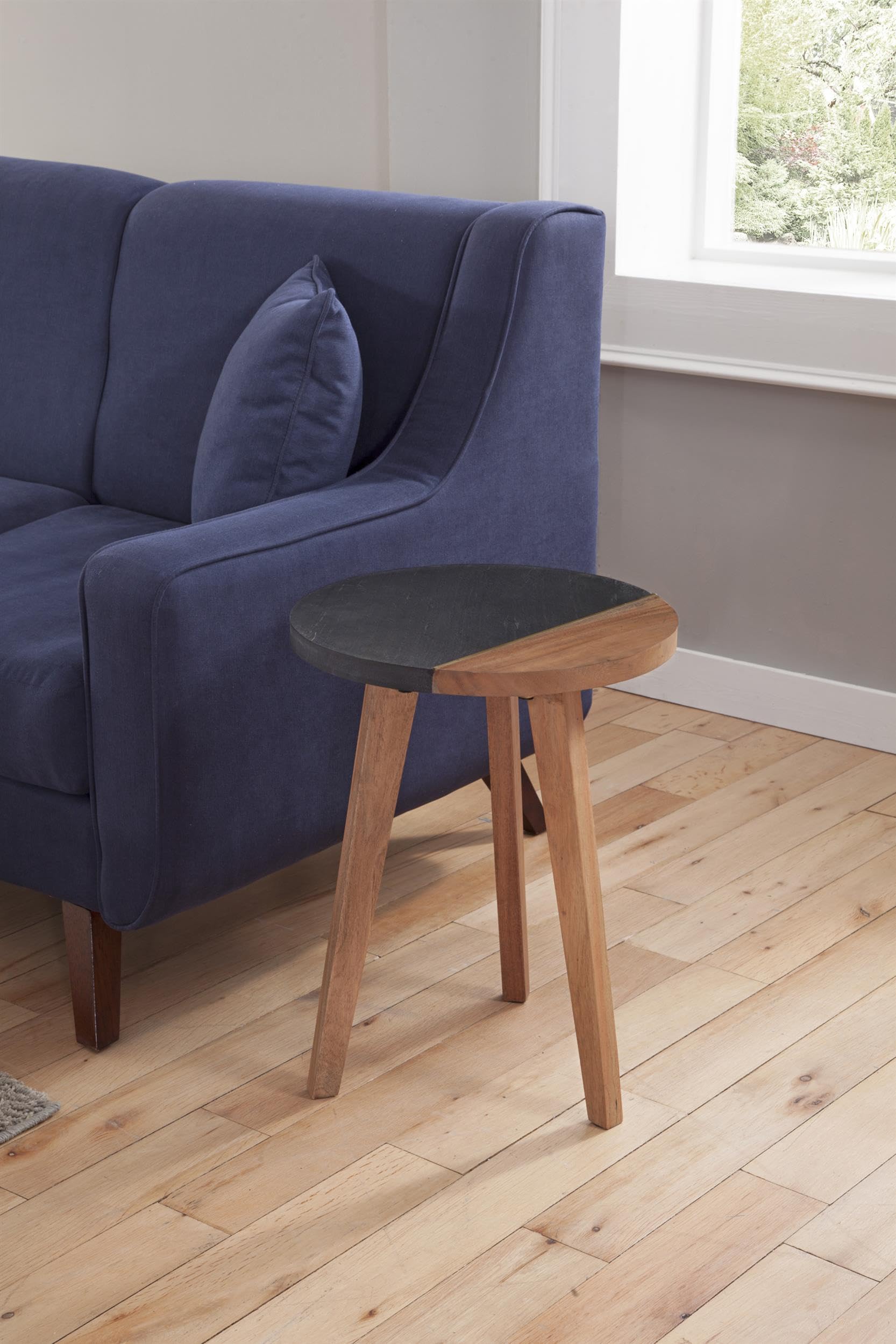 Steve Silver Caspian Slate Round Accent End Table - Natural Matte Finish Side Table for Living Room, Bedroom & Office Decor