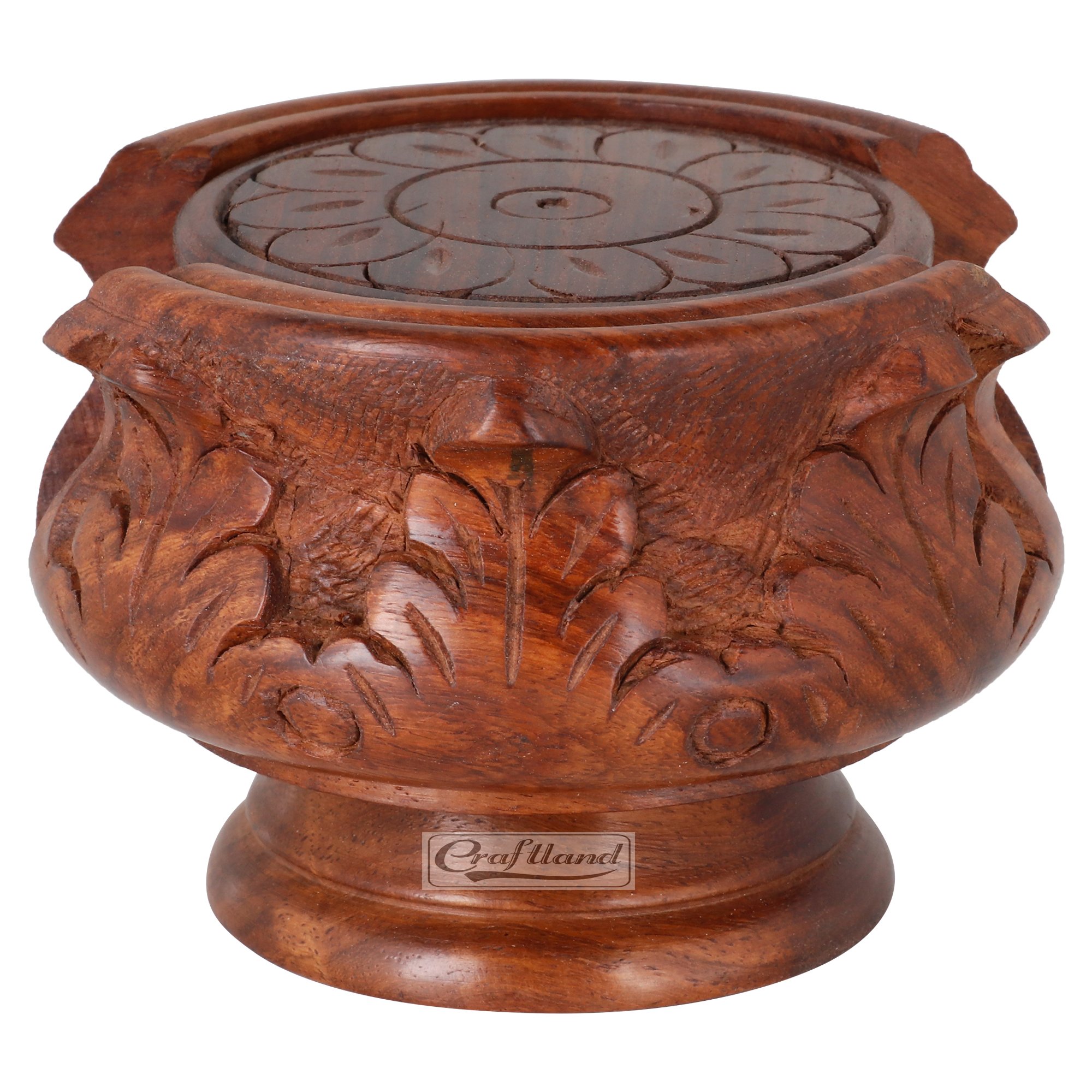 Handmade Wooden Coaster Set of 6 with Decorative Holder - Natural Carved Tabletop Drink Coasters for Coffee, Tea, Beer & Mugs - Perfect for Home Bar, Office Desk & Indian Style Decor