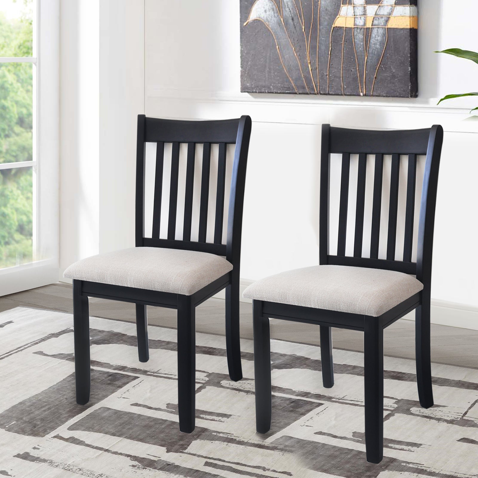 Black Finish Wooden Dining Chairs Set of 2 with Cushioned Seats - Modern Kitchen & Breakfast Room Furniture for Home Decor