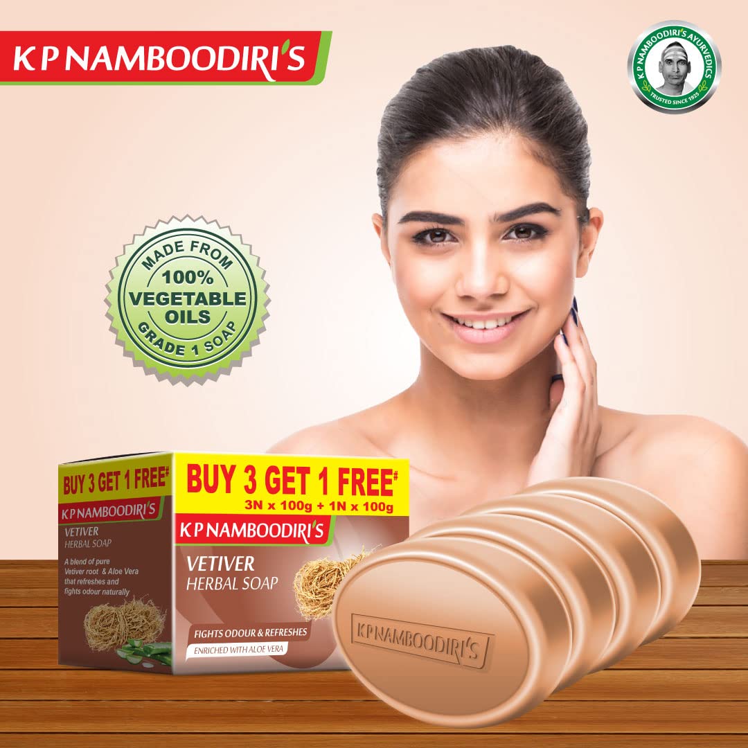 K.P. NAMBOODIRI Vetiver Herbal Soap - 100g Each, 4 Bars (Pack of 2) | Natural Ayurvedic Skincare for Men & Women | Perfect for Sensitive Skin, Acne Treatment & Daily Cleansing