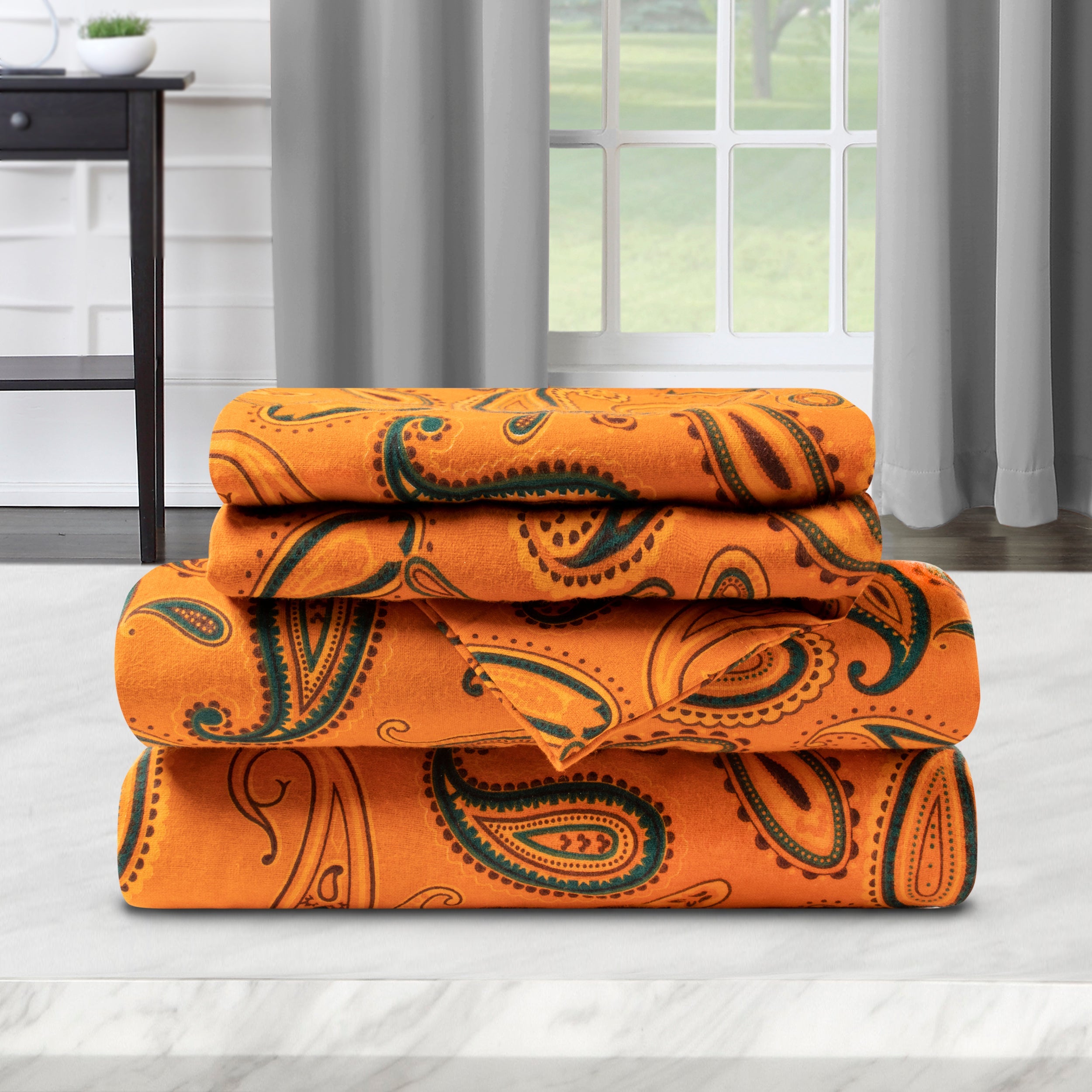 Soft Flannel Cotton Floral Paisley Bed Sheet Set with Deep Pockets - Queen Size, 4-Piece Set for Cozy Winter Nights & Guest Room Comfort