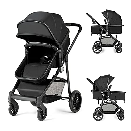HONEY JOY Convertible Baby Stroller with Adjustable Canopy & Reclining Backrest - Foldable Infant Bassinet Pram with Storage Basket & Cup Holder for Newborns (Black) | Perfect for Park Walks, Shopping & Travel