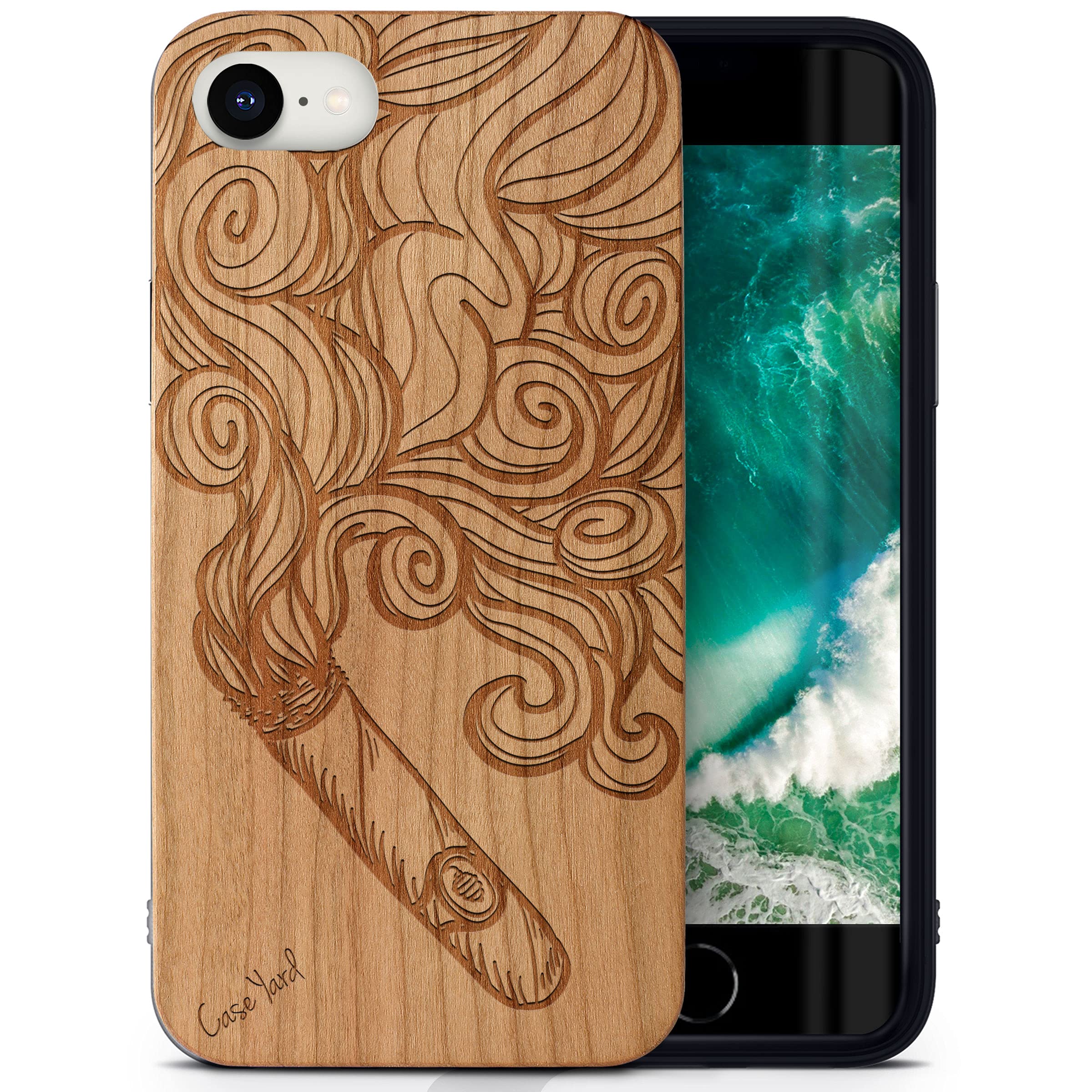 Premium Wooden iPhone SE Case - Laser Engraved Cigar Smoke Design in Cherry Wood | Slim Fit Shockproof Protective Cover for Men & Women | Perfect for Business Professionals & Outdoor Enthusiasts