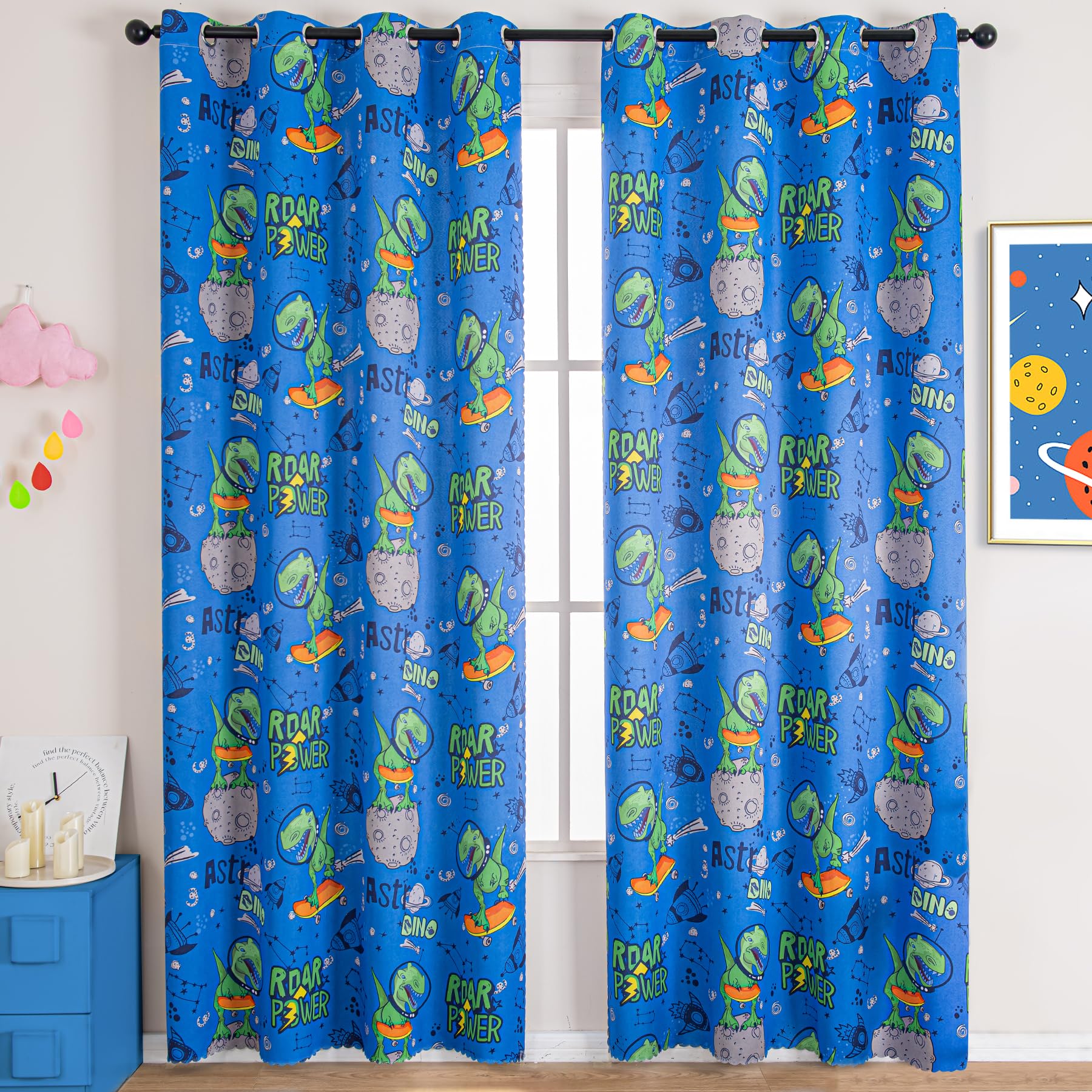 UNISTAR Kids Blackout Curtains - Blue Dinosaur Print Grommet Window Drapes (52x84 Inch, 1 Panel) for Boys Bedroom, Nursery & Playroom - Perfect for Light Blocking & Room Decor