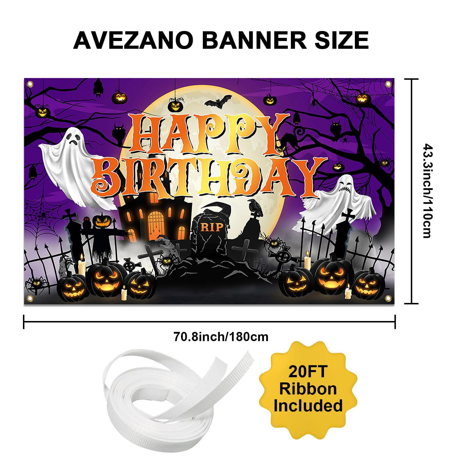 Avezano Halloween Birthday Banner - Purple Horror Moon Night Decor for Kids Parties