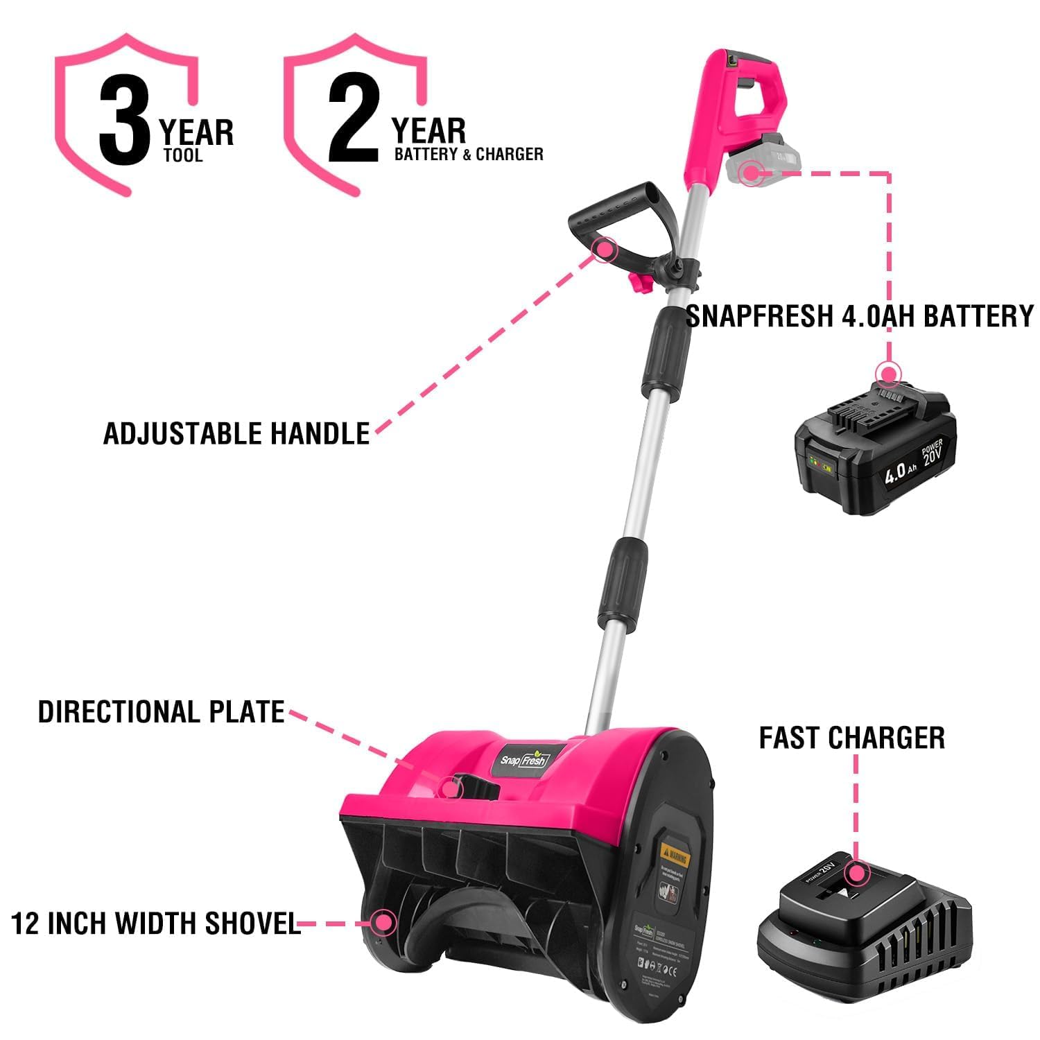 SnapFresh 20V Cordless Snow Shovel - 12 Inch Electric Snow Removal Tool with 4000mAh Rechargeable Battery & Fast Charger (Pink) - Perfect for Driveways, Sidewalks & Small Areas