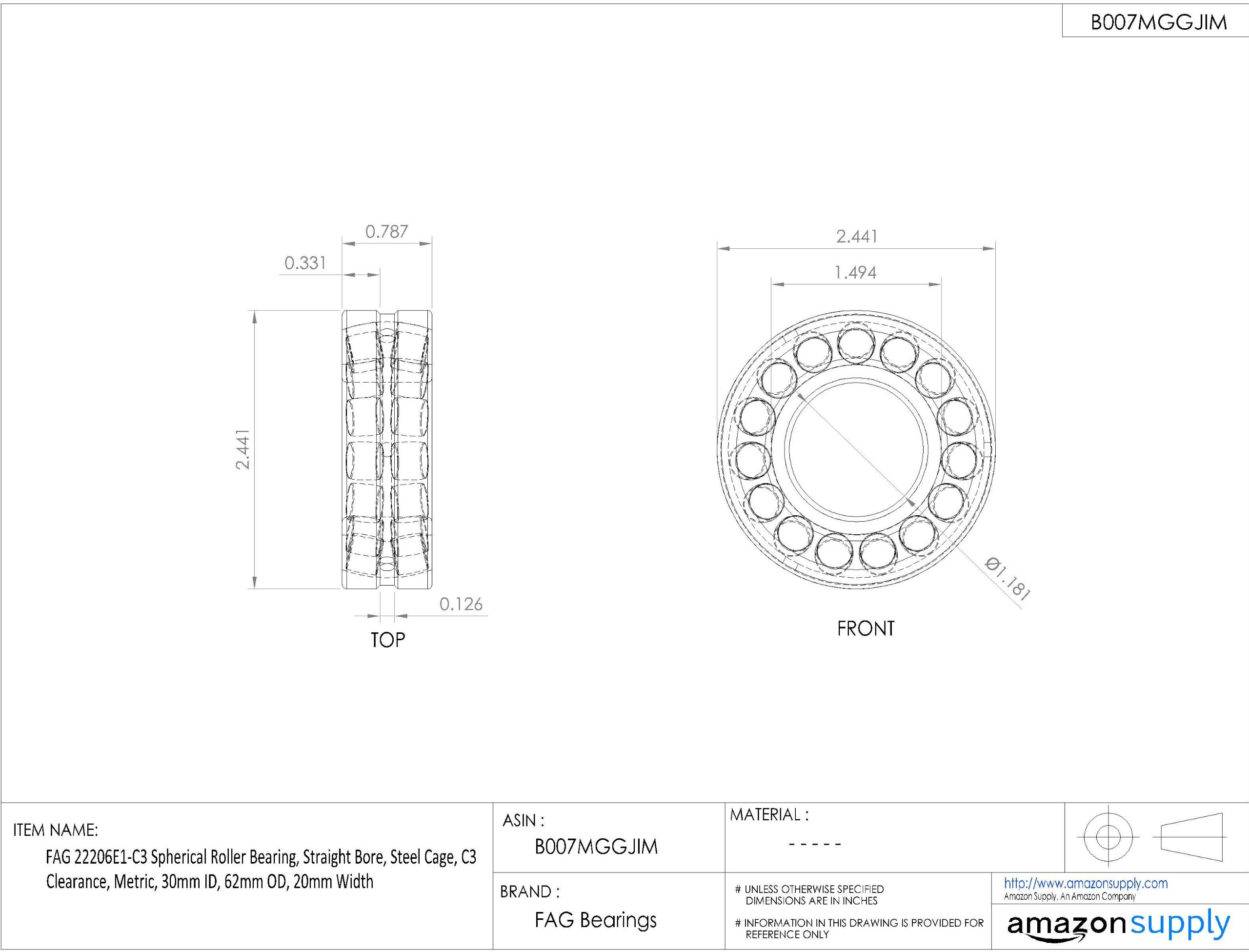 FAG 22206E1-C3 Spherical Roller Bearing - 30mm ID x 62mm OD x 20mm Width - Steel Cage, C3 Clearance, Metric Size - Perfect for Industrial Machinery, Heavy Equipment & Automotive Applications