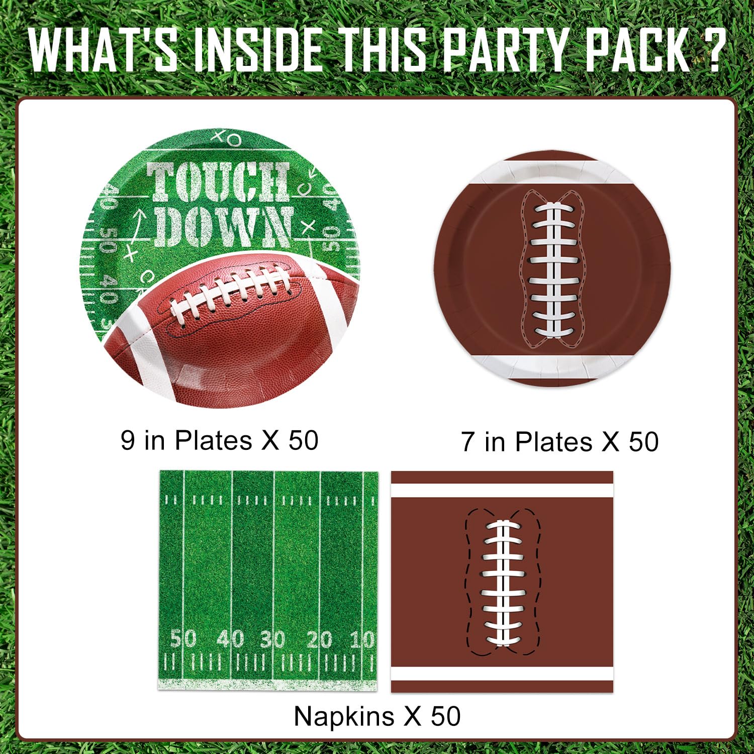 Football Party Supplies Kit for 50 Guests - Touchdown Dinner Plates, Dessert Plates & Napkins Set - Green, White & Brown - Perfect for Game Day Tailgates, Sports Events & Football Themed Parties
