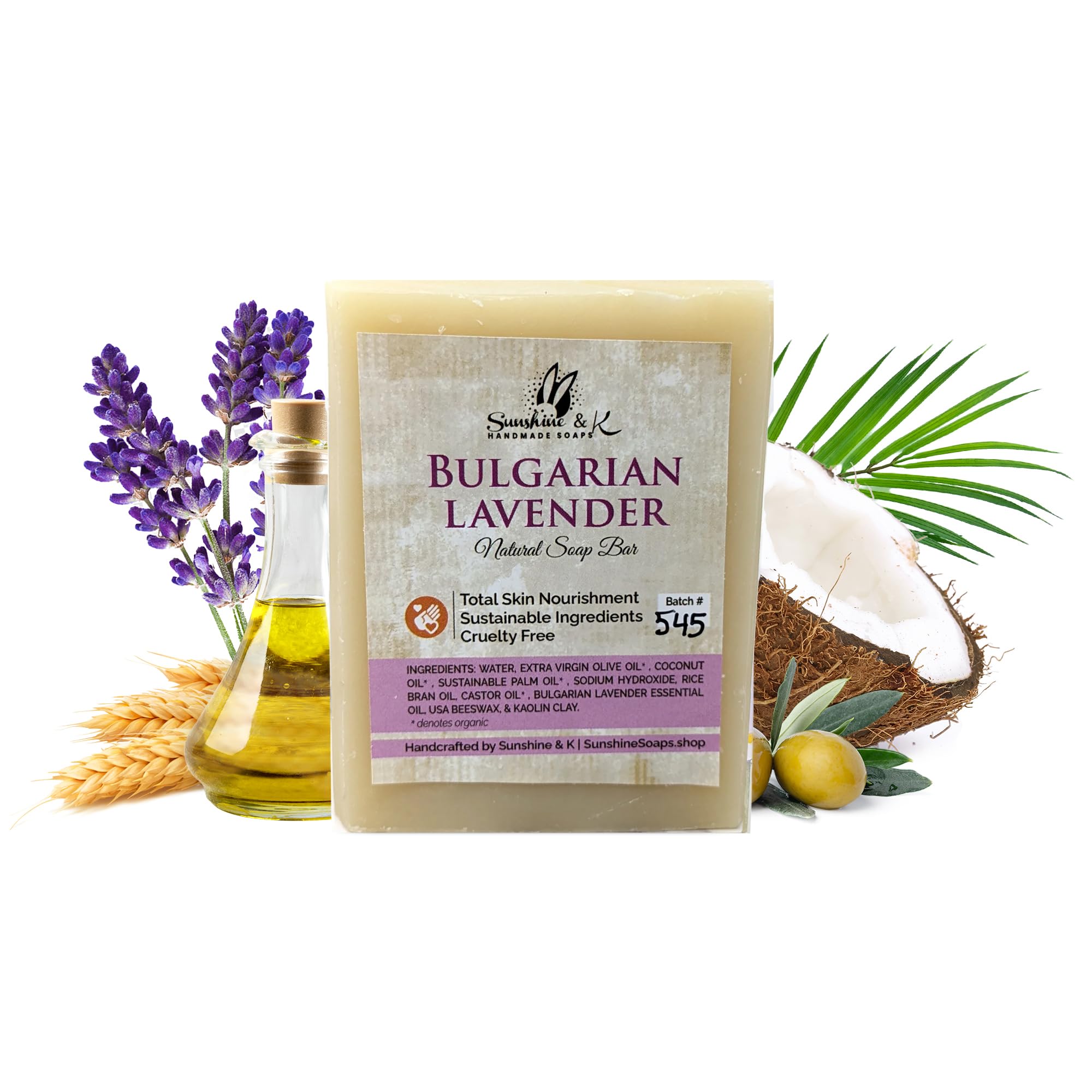Bulgarian Lavender Handmade Soap Bar - Moisturizing Body & Hand Soap with Beeswax, Rice Bran Oil & Natural Base Oils - 5 oz Organic Bath Soap by Sunshine & K - Perfect for Dry Skin Care, Spa Day & Eco-Friendly Gifting
