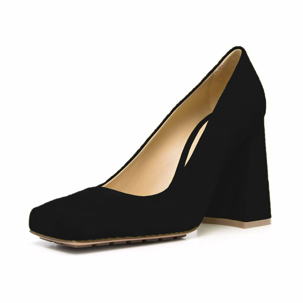 Women's Vegan Suede Chunky Heel Square Toe Pumps - Comfortable Dress Shoes for Work, Party & Evening Events