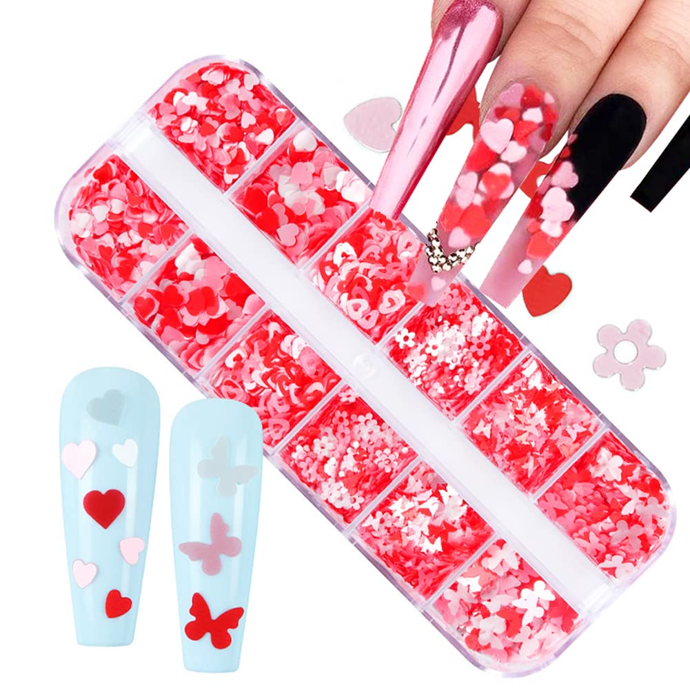 12 Grids Heart Nail Sequins - 3D Holographic Laser Nail Art Supplies with Love Hearts, Butterflies & White Flowers - Perfect for Valentine's Day Nail Designs, DIY Manicures & Party Decorations