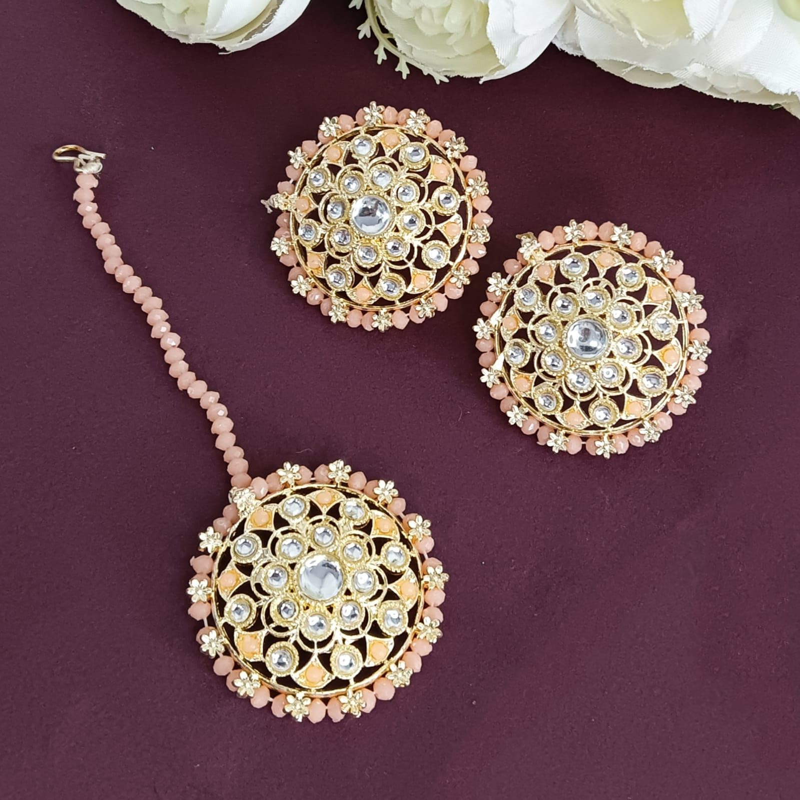 Efulgenz Indian Jewelry Set for Women - Crystal Kundan Stone Maang Tikka Headpiece & Dangle Earrings Set, White Gold Bridal Jewelry for Weddings, Parties & Festive Occasions