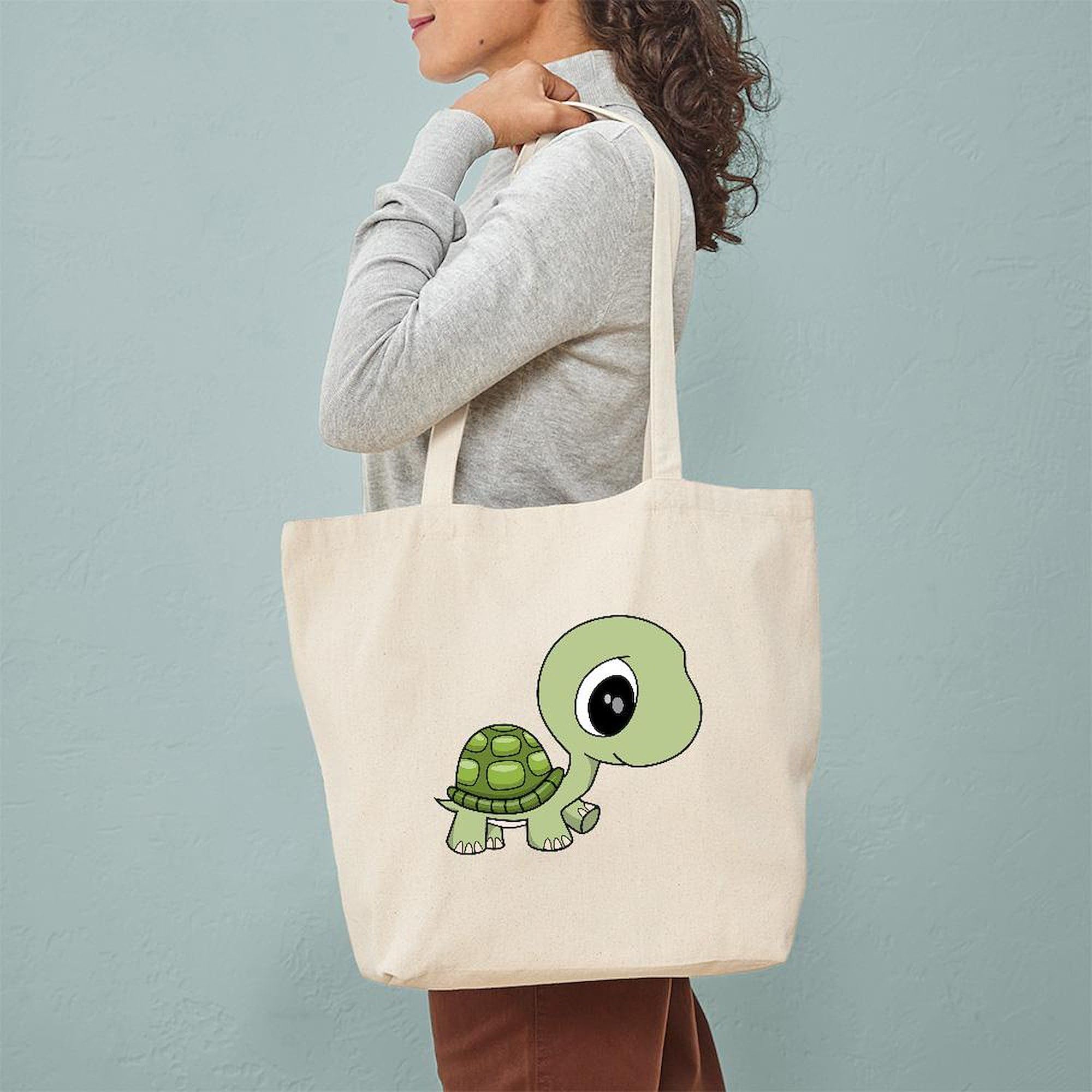 Eco-Friendly Baby Turtle Canvas Tote Bag - Reusable Natural Cotton Shopping Bag for Groceries, Beach & Daily Use