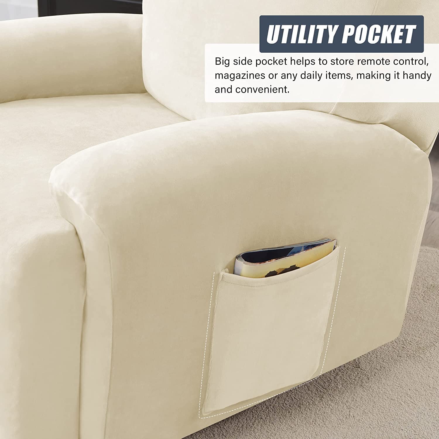 Velvet Recliner Sofa Cover - Stretch Anti-Slip Furniture Protector with Elastic Bottom for Split Reclining Couches (Beige, 3-Seater 8-Piece) - Perfect for Living Room, Home Theater & Family Gatherings