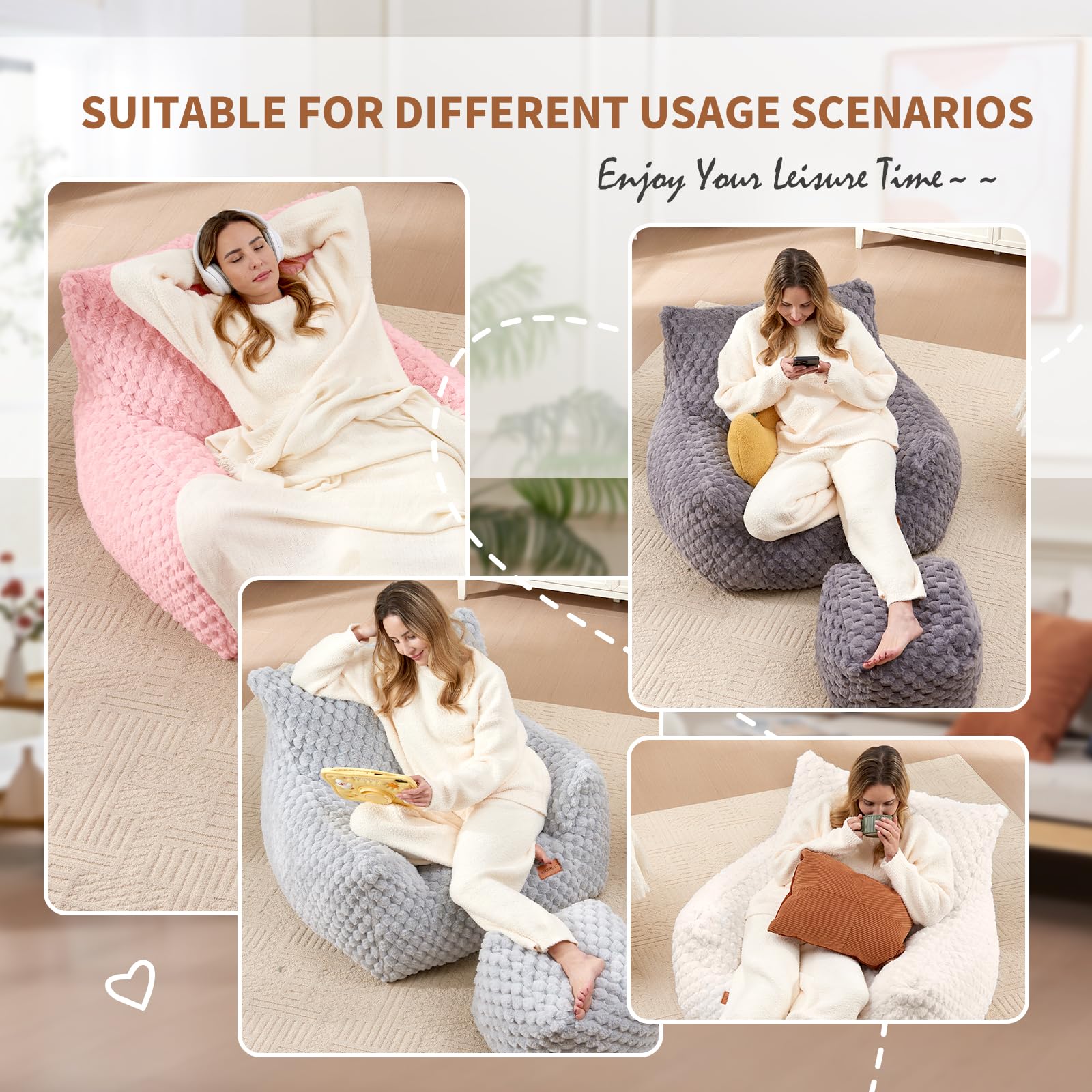 Premium Giant Bean Bag Chair with Ottoman - Ultra Soft Faux Fur Lounge Chair for Adults & Teens, Large Comfy Reading Sofa for Bedroom, Living Room, Dorm - Perfect for Relaxing, Gaming & Movie Nights