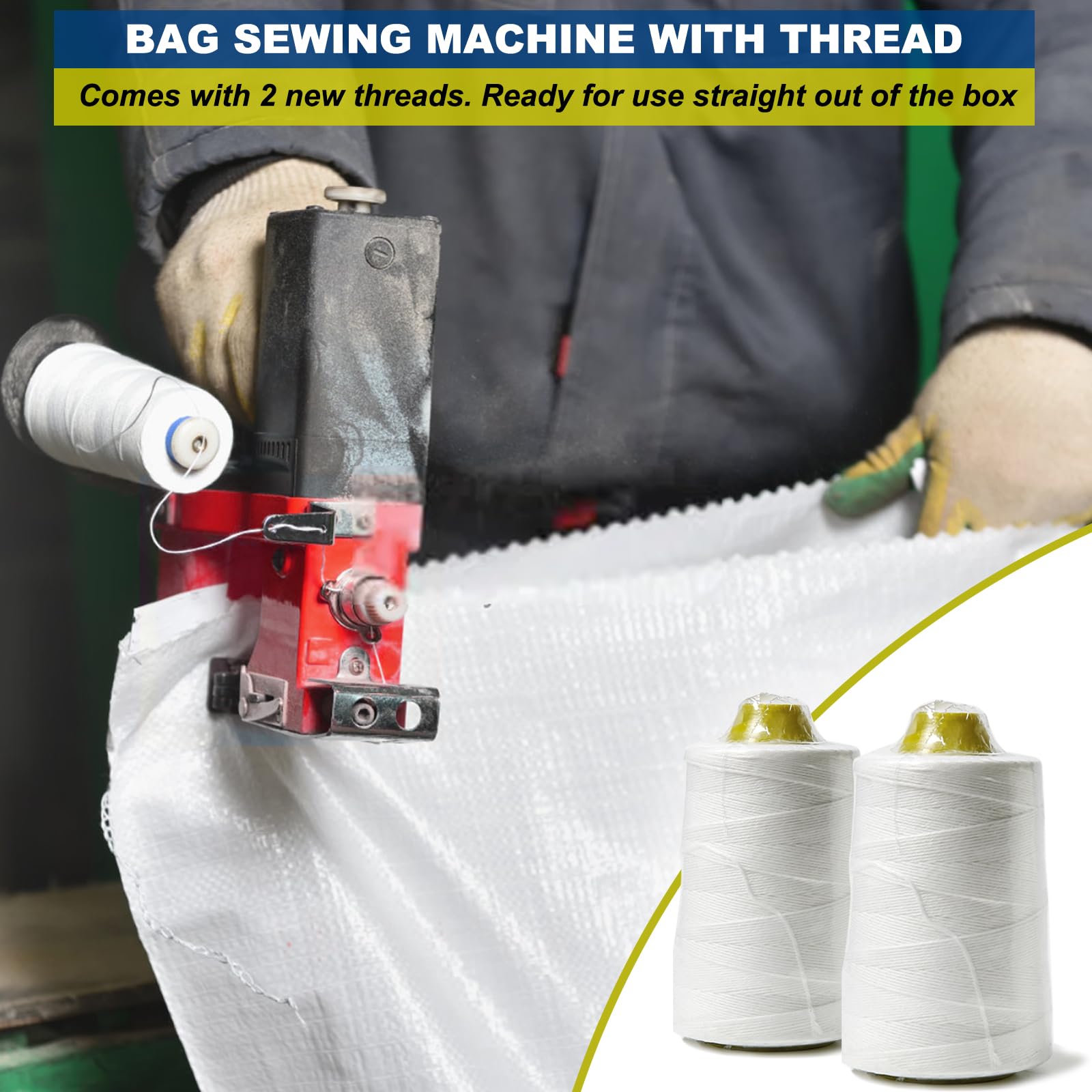 Heavy Duty Bag Sewing Machine for Burlap & Sand Bags - Industrial Bag Closing Stitcher with 2 Roll Threads - Perfect for Agriculture, Construction & Packaging Use