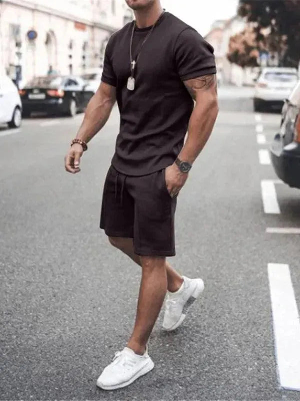 Men's Casual Olive Green Crewneck Cotton Short Sleeve T-Shirt & Shorts Set - Comfortable Summer Outfit for Relaxing, Travel & Outdoor Activities