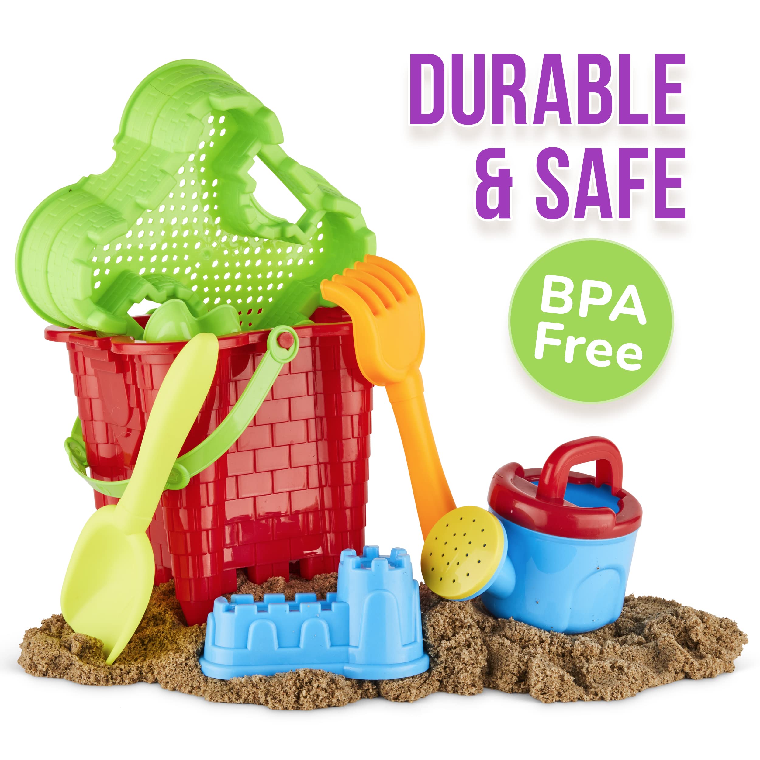 Click N' Play 13-Piece Beach Toys Set for Kids Ages 3-10 - Sand Bucket, Watering Can, Rake, Shovel & 9 Sand Molds with Mesh Storage Bag - Perfect for Beach, Sandbox, Backyard & Outdoor Play - Durable Summer Toys for Toddlers & Children