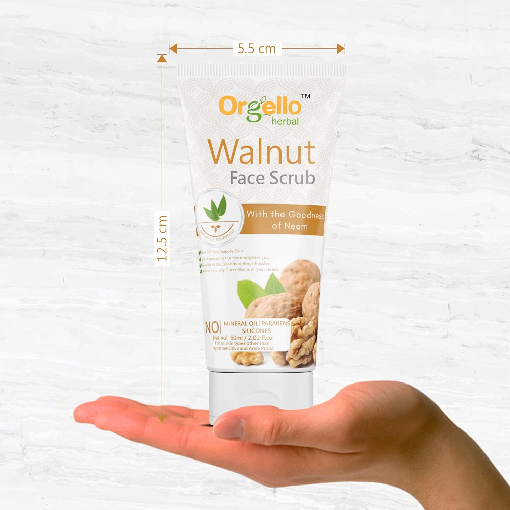 Orgello Herbal Walnut Scrub 60g (Pack of 2) - Natural Face & Body Exfoliator for Men & Women - SLS, Paraben & Mineral Oil Free - Ideal for Normal, Oily & Dry Skin - Perfect for Daily Skincare Routine & Spa Treatment at Home